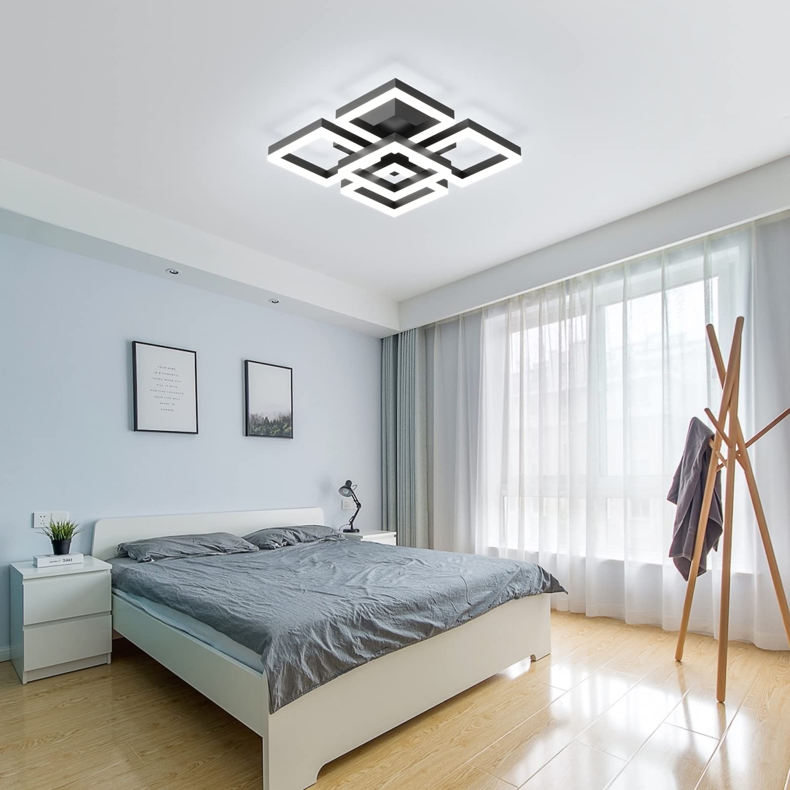 GEADI Modern LED Ceiling Light 64W Dimmable Black Flush Mount 17.7in Acrylic Chandelier for Living Room/Bedroom/Office, Model 9098FM-5BWJ