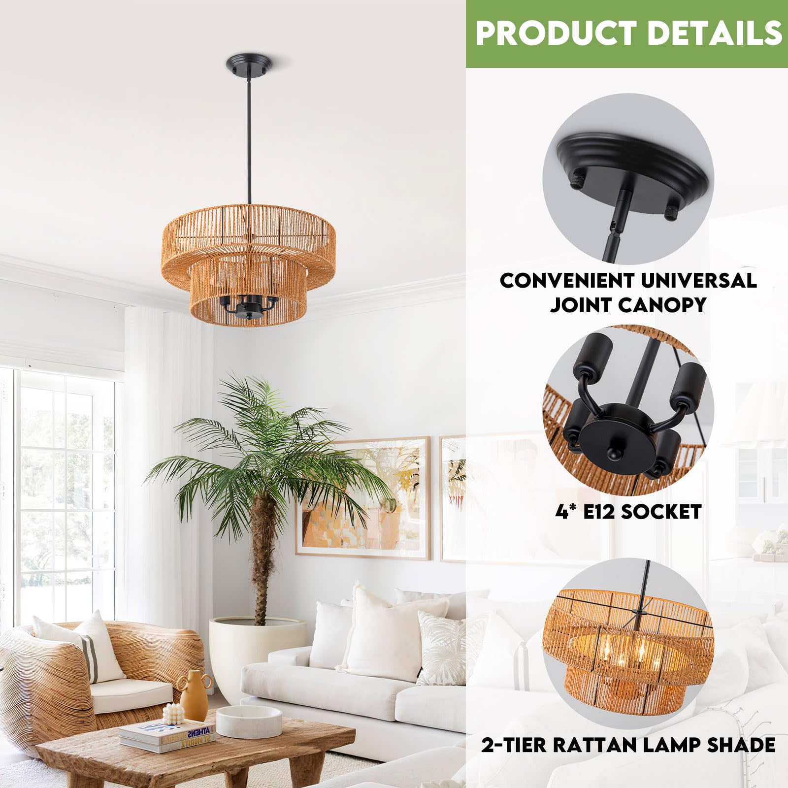 Dsliting Rattan Pendant Light Boho Wicker Chandelier Kitchen Island Lighting 2-Tier Drum Basket Hanging Light Woven Shade Dinnin