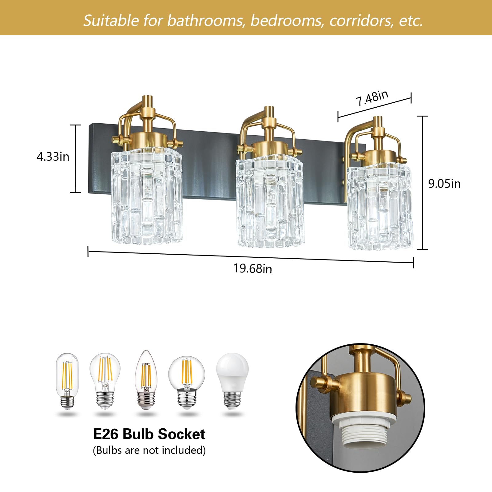 BNHHLZ 3-Light Bathroom Vanity Light Black Gold Crystal Shade Metal Fixture Model 4132