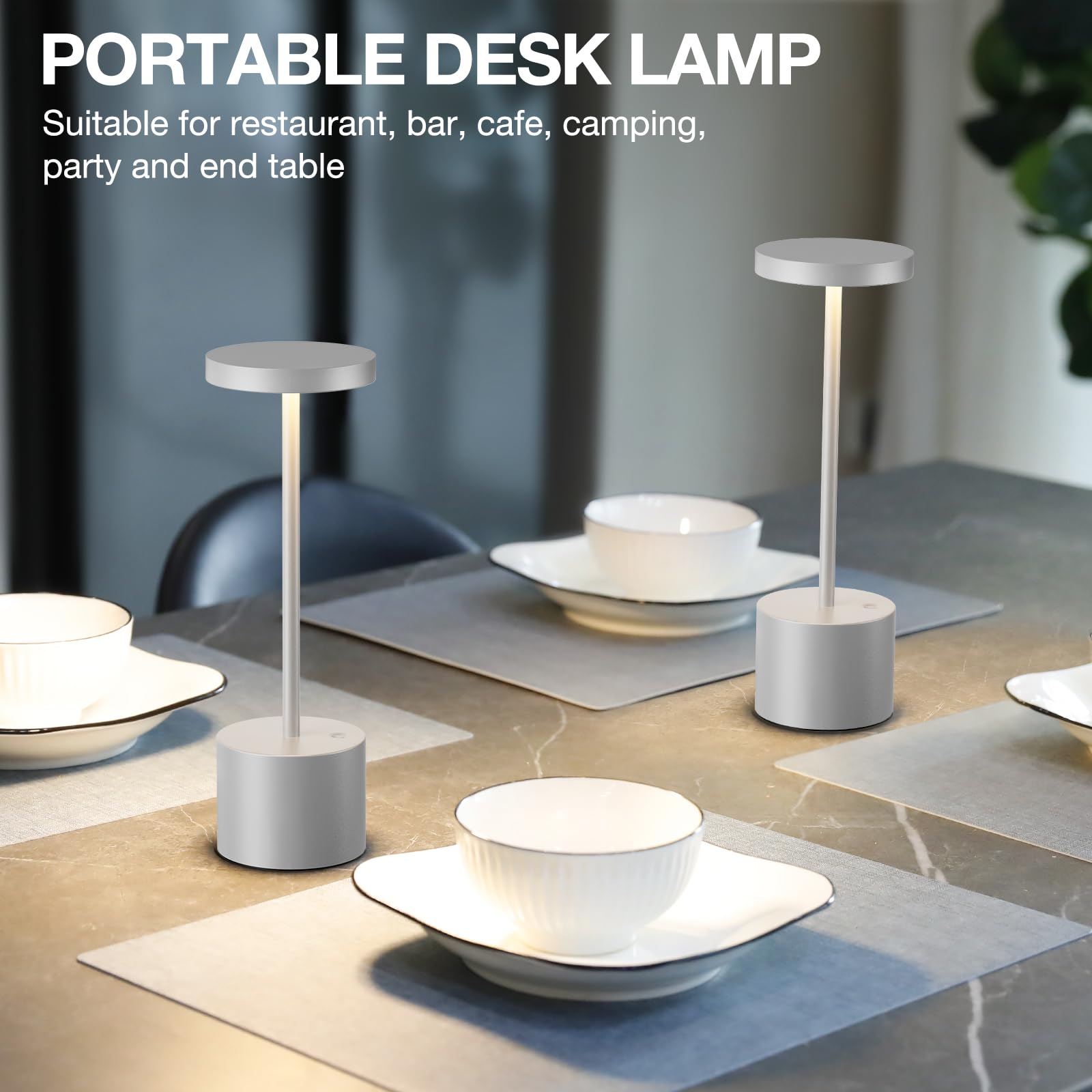 Kakanuo Silver Gray Cordless Lamp, Rechargeable Lamp, Touch Control, 3 Color Temperature, Led Outdoor Wireless Lamp, Battery Ope