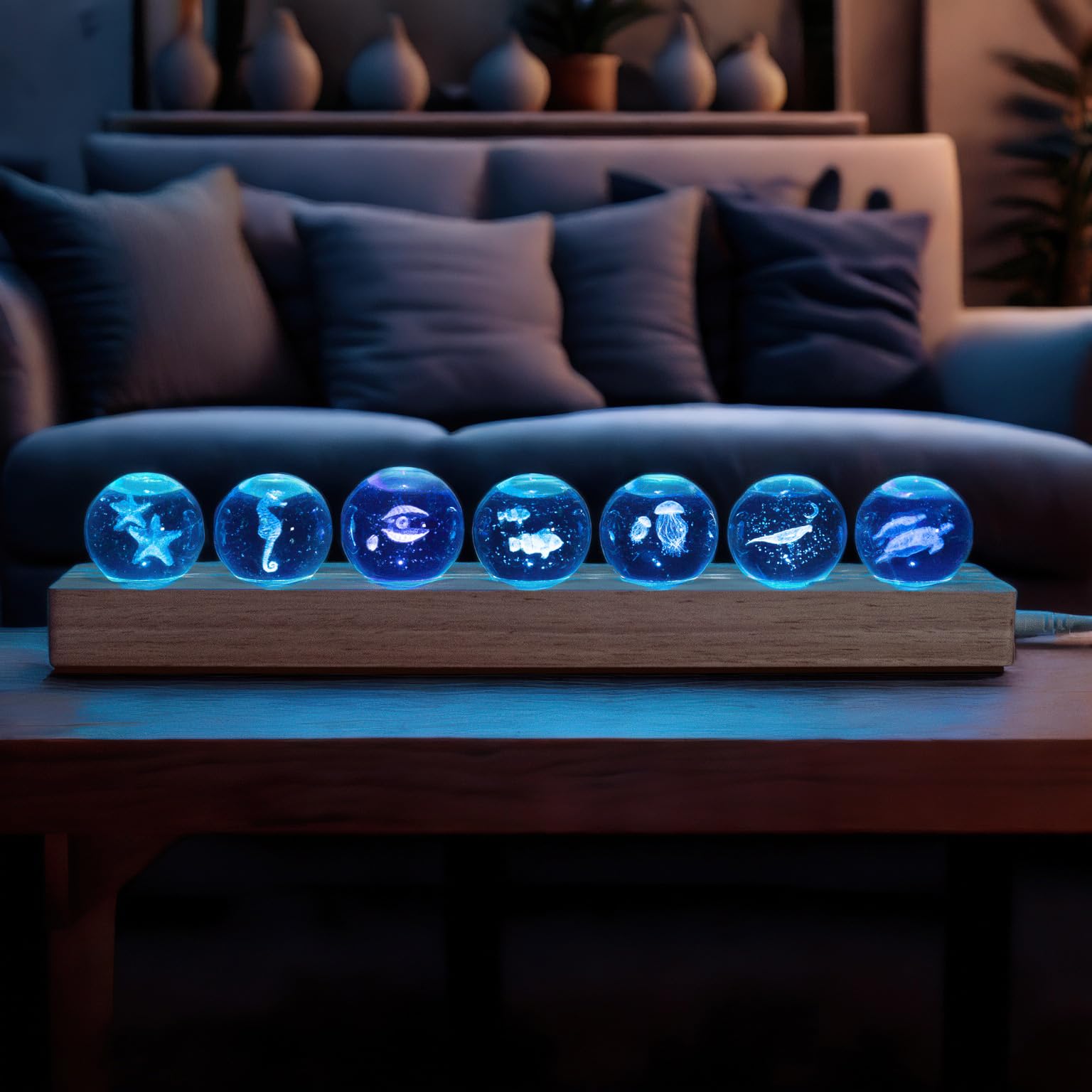 NoelWink 7 Pcs Sea Animals Crystal Night Light Set, 3D Jellyfish Shark Whale, Green, Model QXD-XK001, Wooden Base