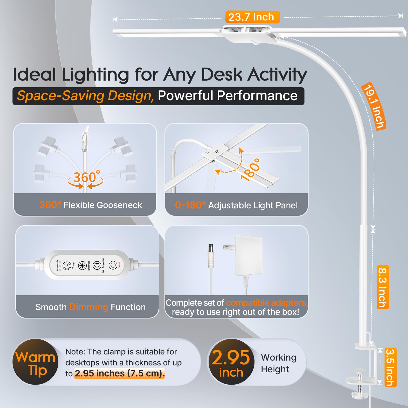 Syrinx LED Desk Lamp with Clamp, Eye-Caring Gooseneck Desk Lamps for Home Office with Remote Control & Touch Control, 12W Modern