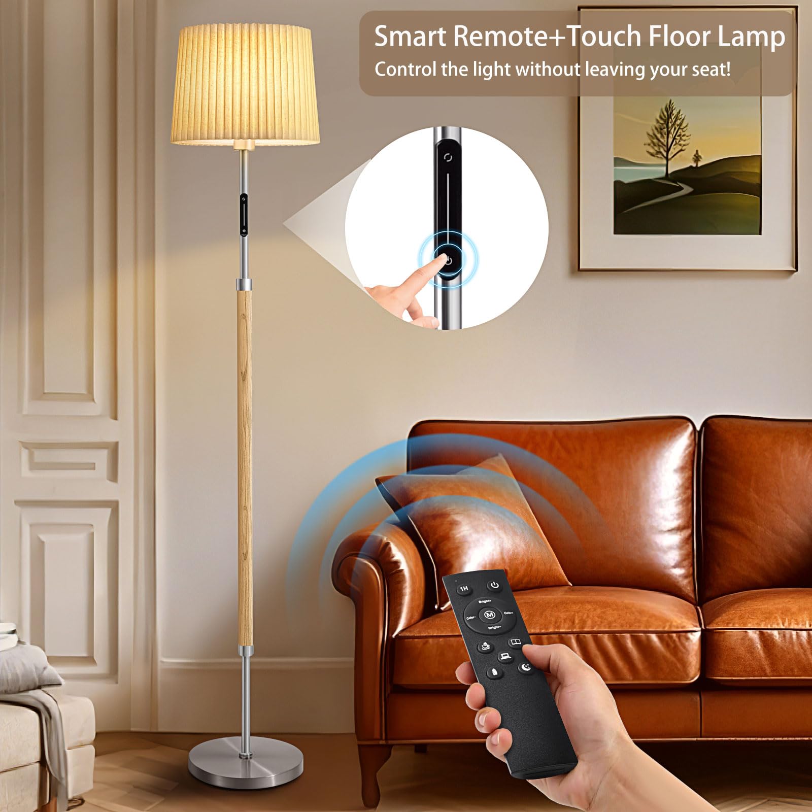 Jeagop 61in Wood Floor Lamp with Remote, Touch Control, Stepless Dimmable, Silver, Model WOFL-2PLS, Modern Farmhouse Design