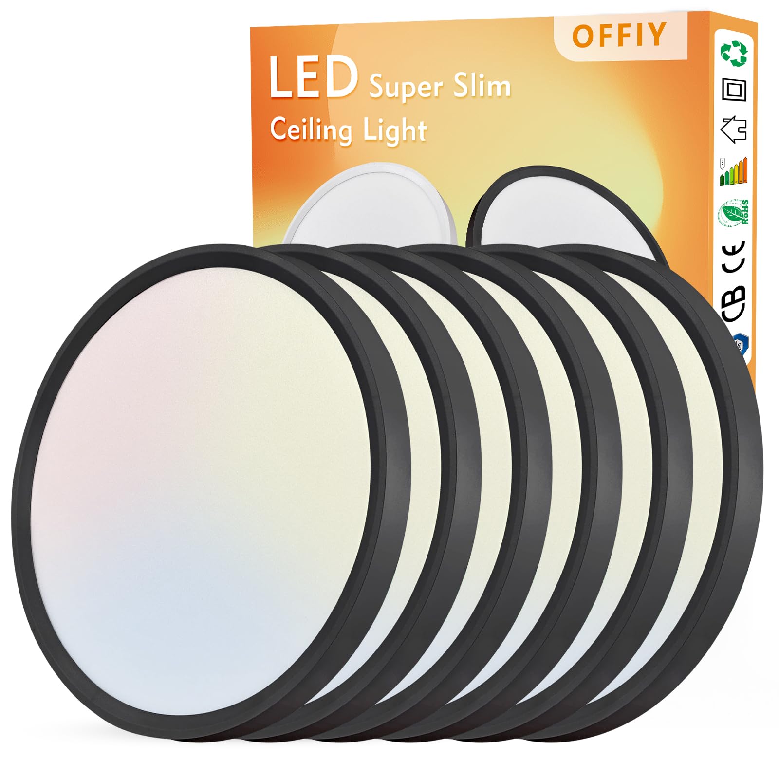OFFIY 6PK 12 Inch LED Flush Mount Ceiling Light, 24W, 2520LM, 3000K/4000K/6000K CCT Selectable Super Slim LED Ceiling Light, Clo