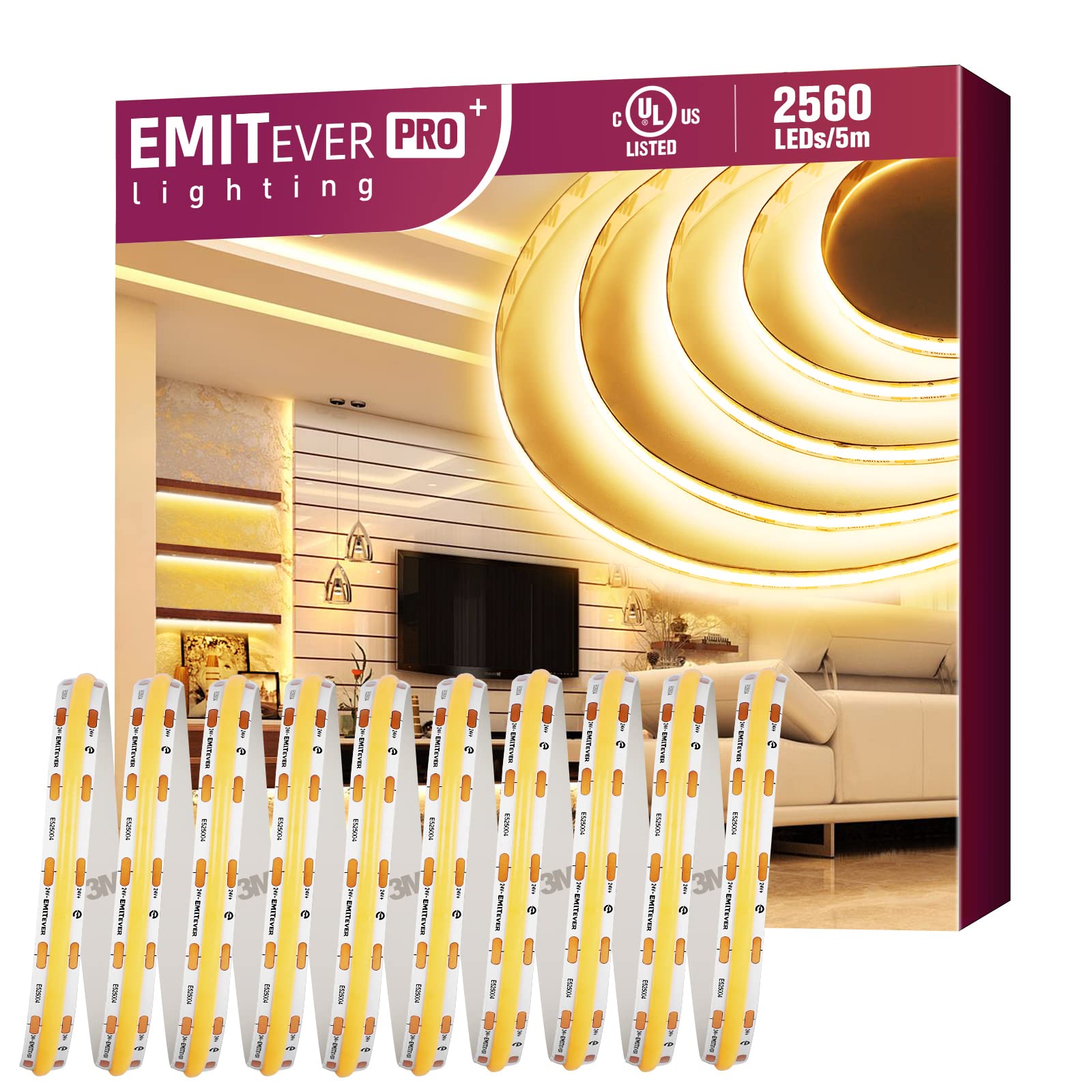 EMITEVER COB LED Strip Lights, Warm White 3000K, 16.4ft, Vinyl, UL Listed, 360+ Lumens/ft, 2560 LEDs/Spool