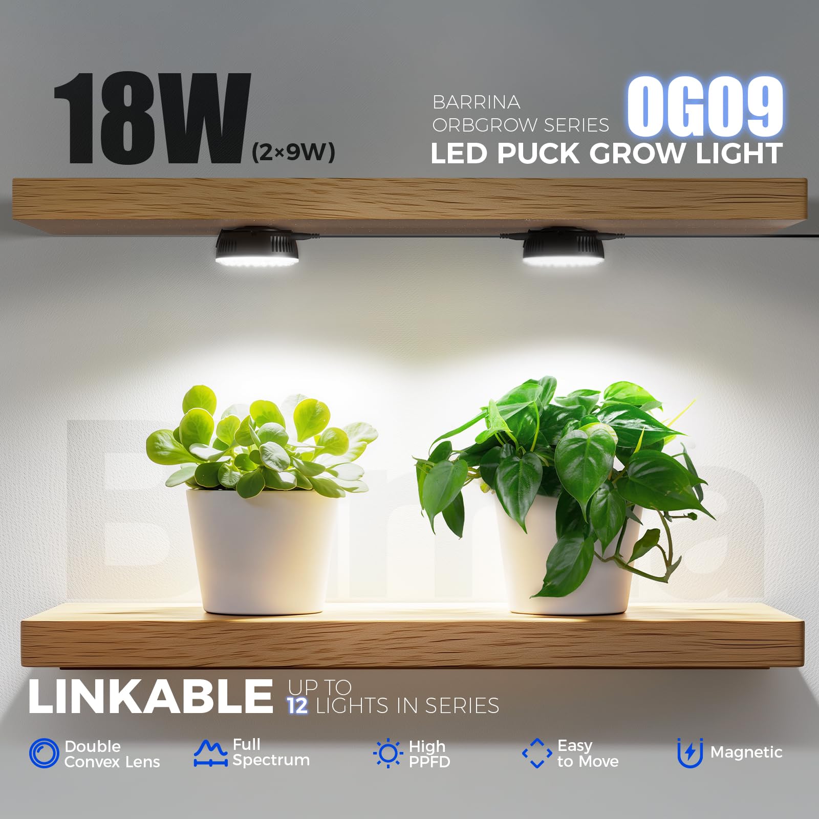Barrina OG09 Puck LED Grow Light, Full Spectrum 5000K, 18W, 2 Packs, Aluminum, Magnetic & Linkable, Black