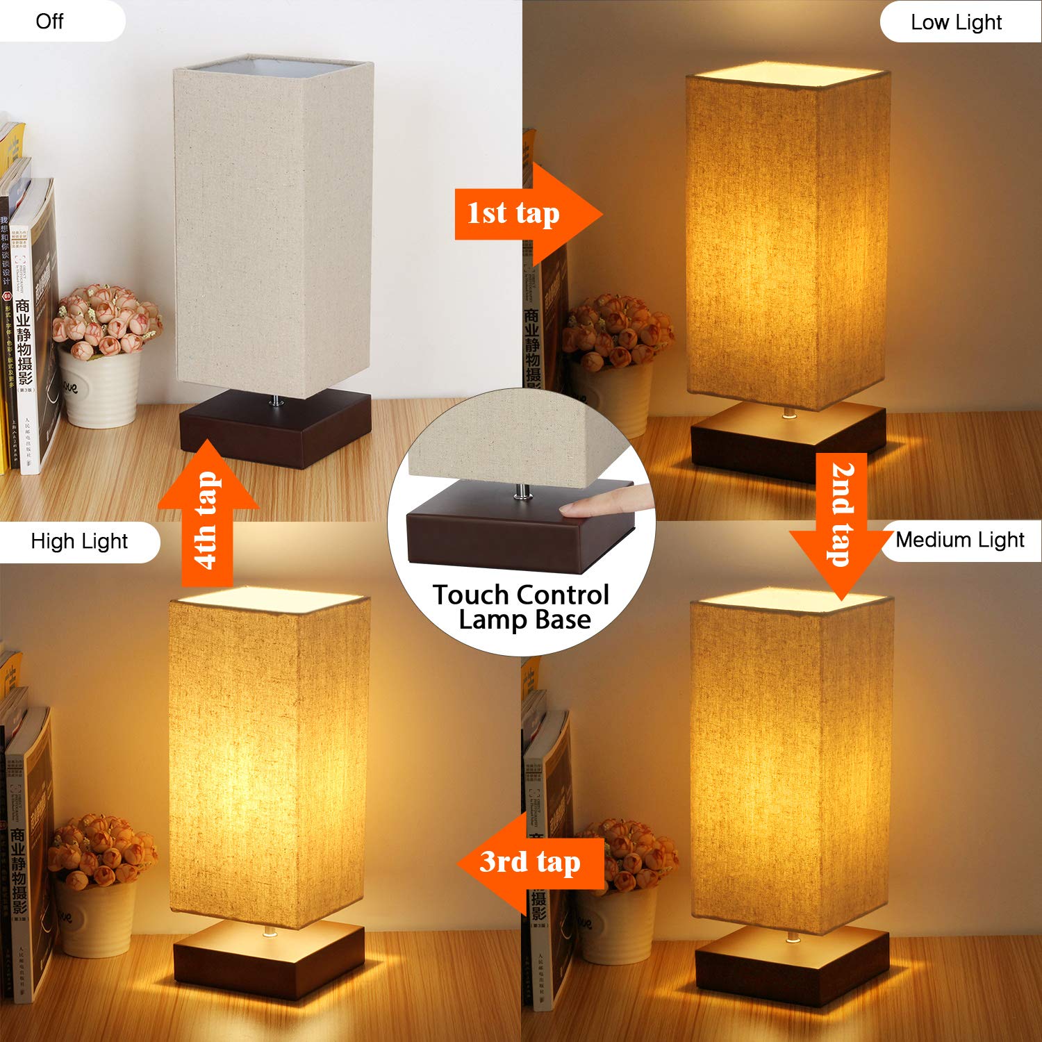 Seaside Village Touch Control Table Lamp, 3-Way Dimmable, 5.12"x5.12"x14.37", Beige Fabric Shade, Metal Base, Model 32143
