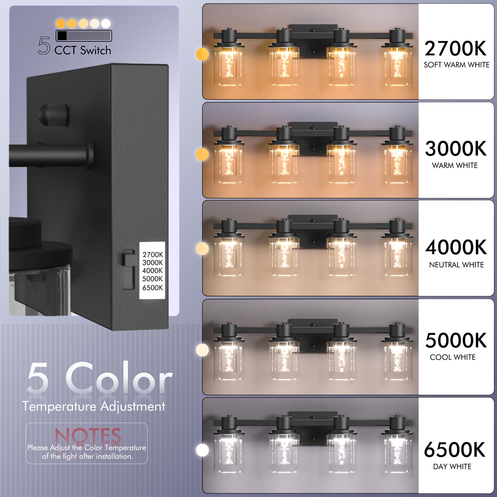 Quntis 4-Light Bathroom Light Fixture, Dimmable LED Vanity Lighting, Matte Black, 27 Inch, Model LI-HL-0003-4-HEJ, Bulbs Included