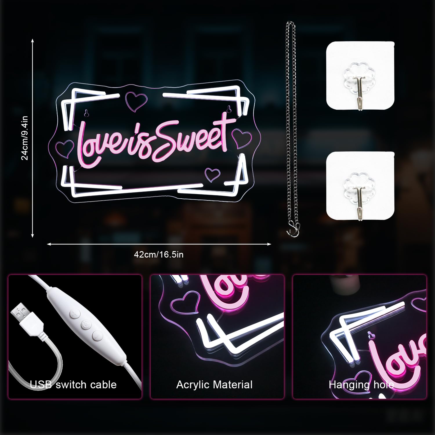 LUCUNSTAR Love is Sweet Neon Sign, LED Light for Wedding Decor, USB Connectivity, Dimming Switch, Love-Pink