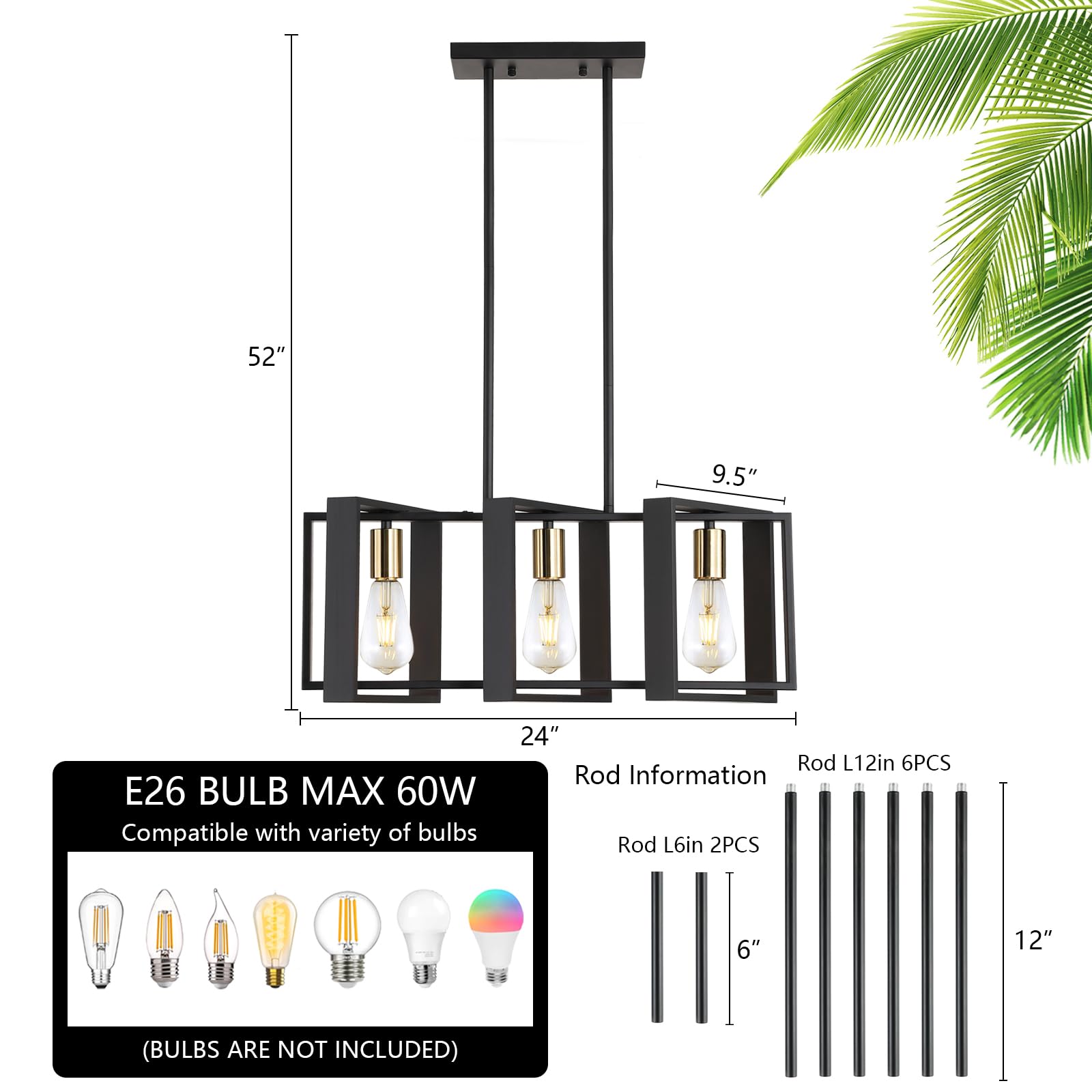 23.6'' Island Lighting,3 Lights Dining Room Chandelier, Linear Kitchen Island Lighting For Pool Table Living Room, Foyer Hallway