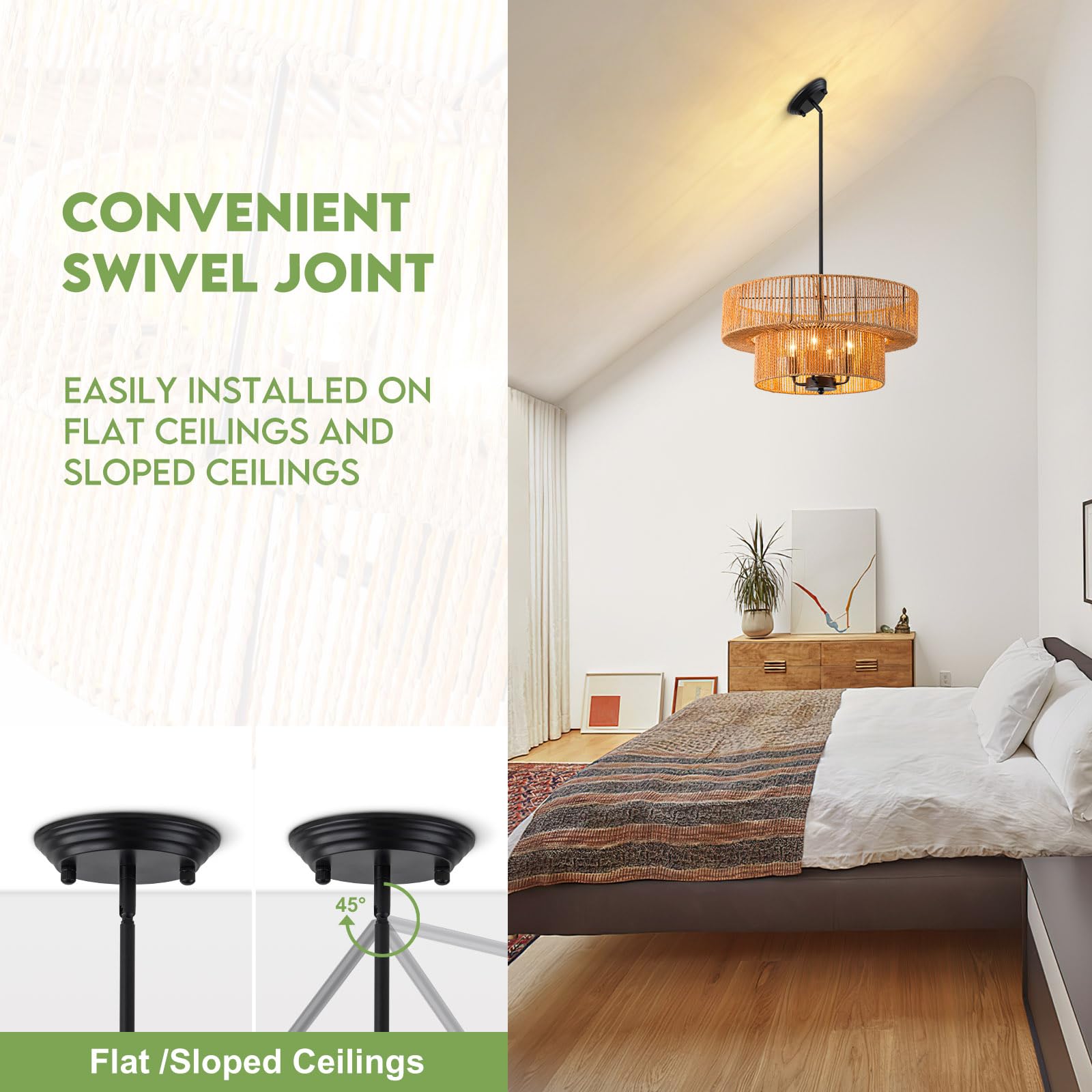 Dsliting Rattan Pendant Light Boho Wicker Chandelier Kitchen Island Lighting 2-Tier Drum Basket Hanging Light Woven Shade Dinnin