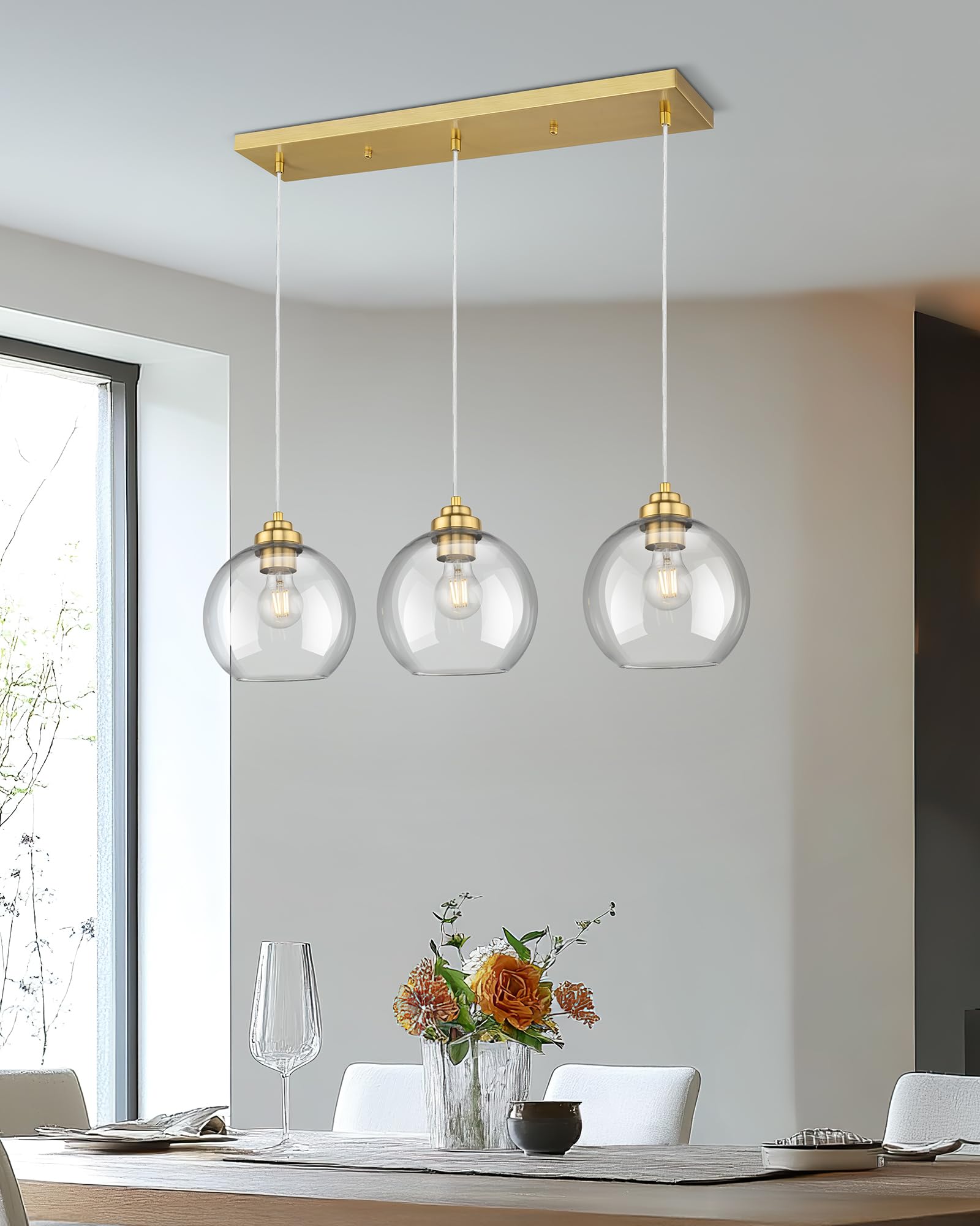Jazava 3-Light Gold Linear Chandelier, Globe Kitchen Island Lighting, Modern Pendant Light With Clear Glass For Dining Room Livi