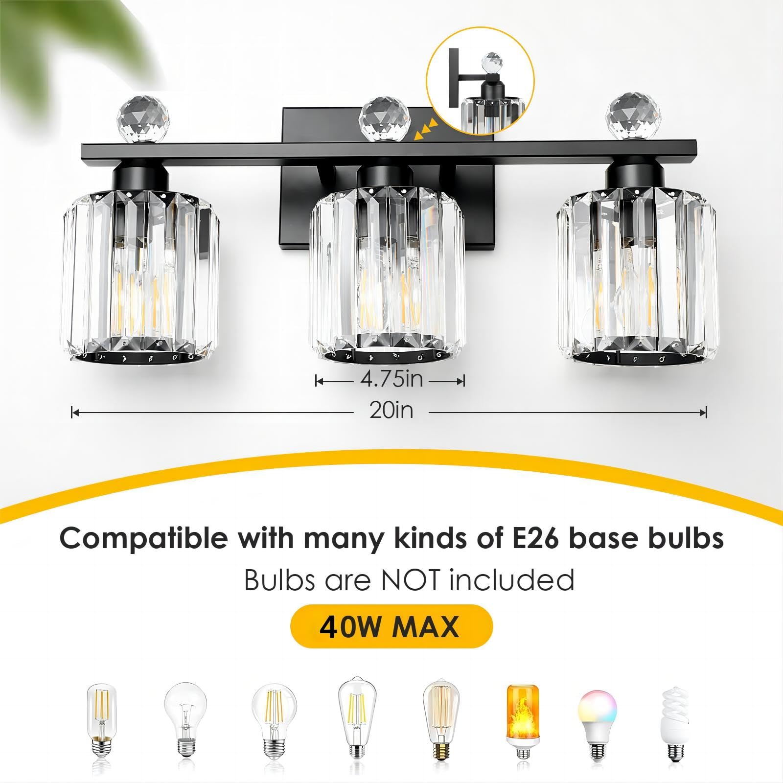 KunruiTAI 3-Light Black Modern K9 Crystal Vanity Lights, Stainless Steel Bathroom Fixture