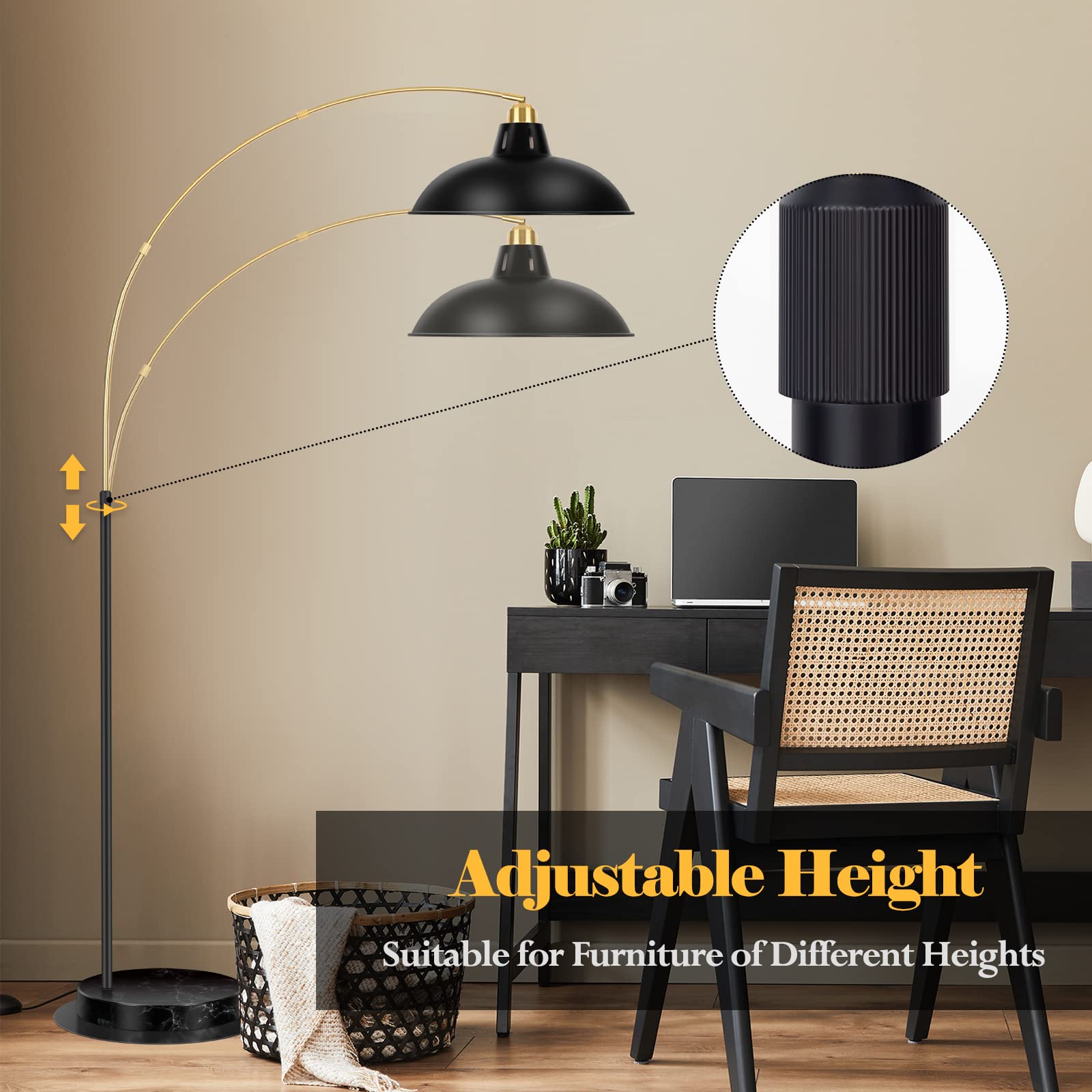 FILIYANO Arc Floor Lamp - Black Gold, Marble Base, 360° Rotatable Arm, Industrial Design for Living Room, Bedroom, Couch, and Desk