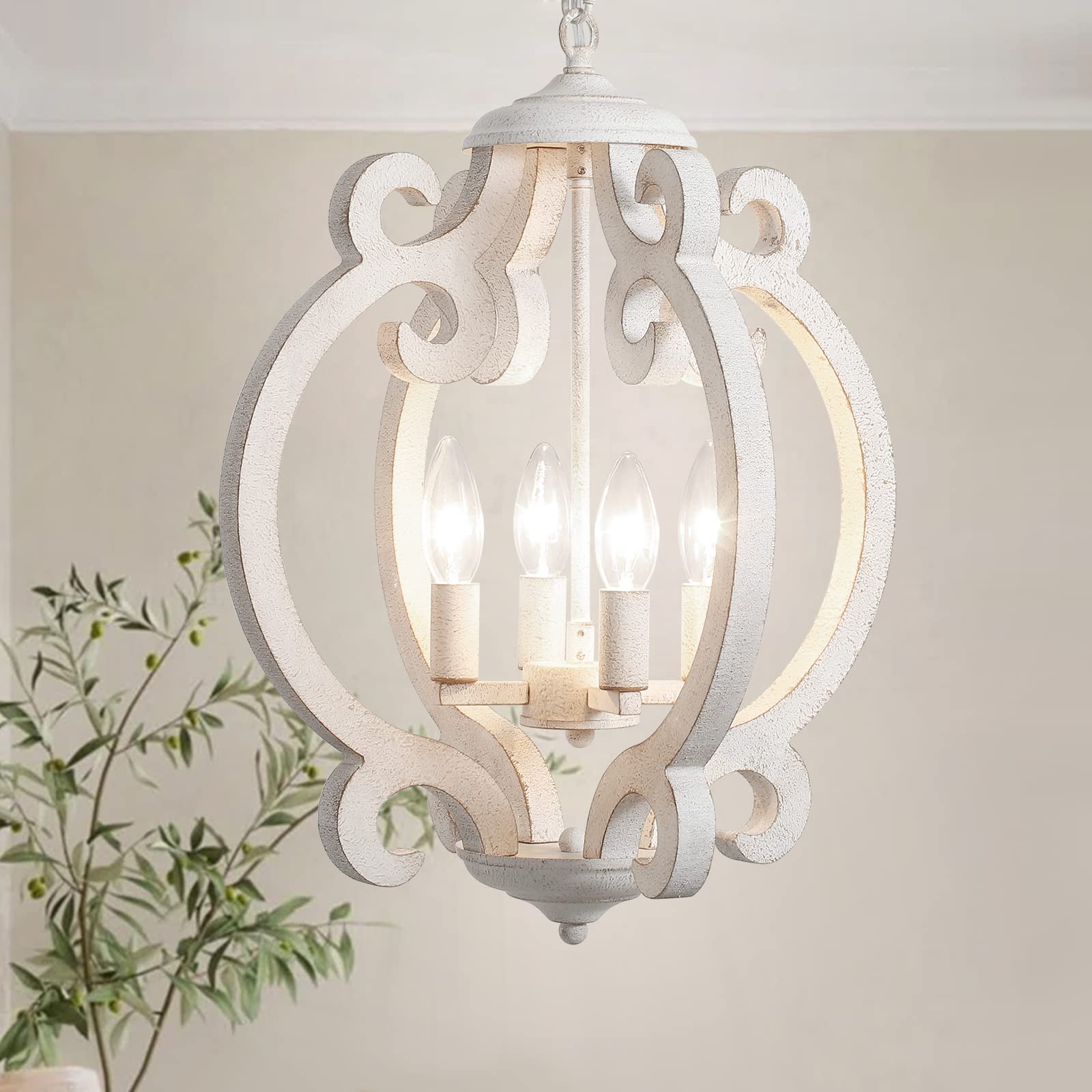 ALISADABOY Dining Room Chandelier Farmhouse Rustic White Wood Light Fixture Antique Orb Pendant Lighting for Kitchen Island Livi
