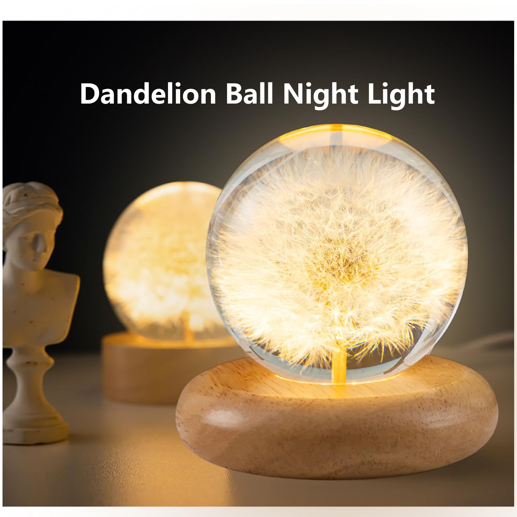 Pletmin Dandelion Ball Night Light, 2.76 Inch Ball Night Lamp With Wooden Base, Fall Decorations For Home Gift For Dad, Mom,Teac