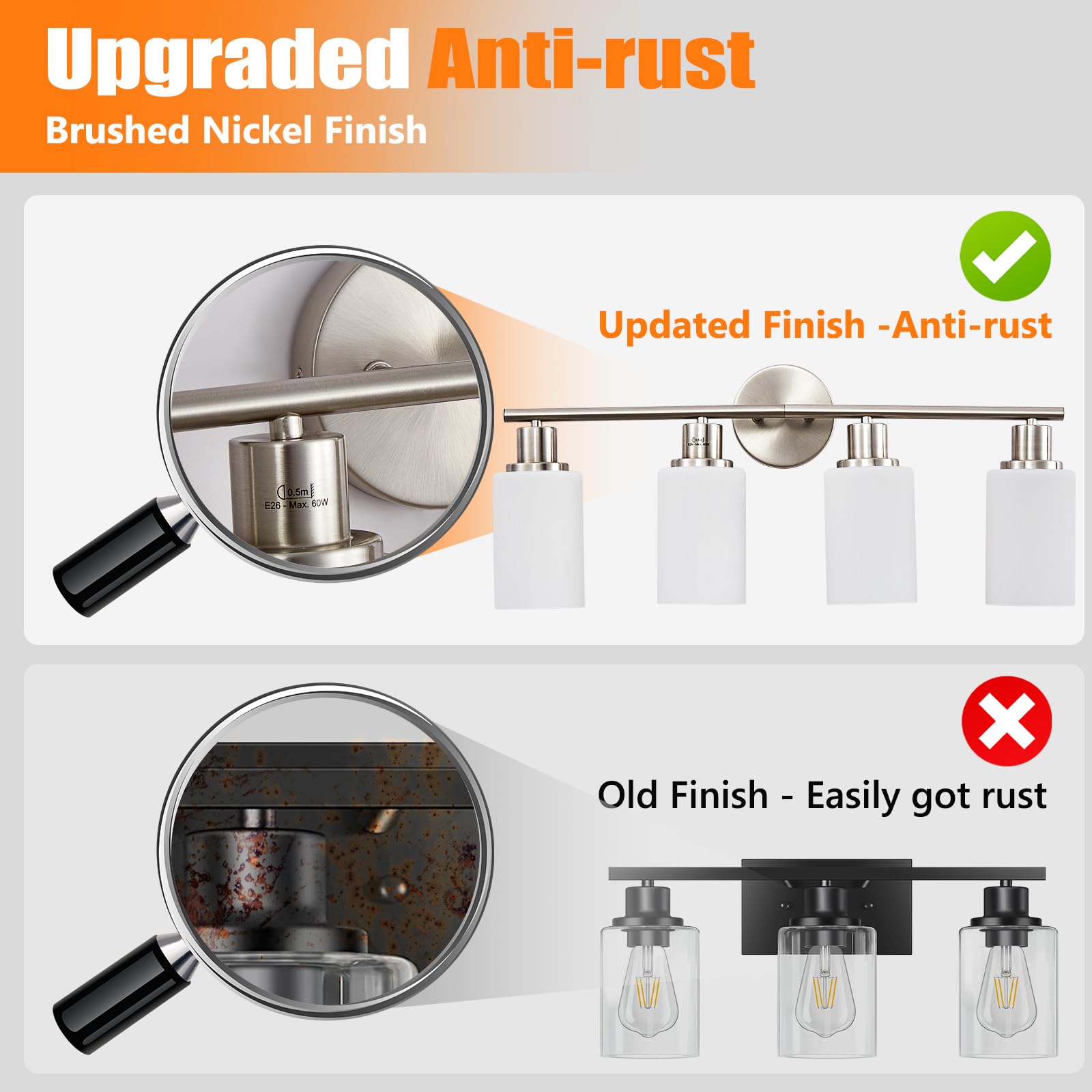 DINGLILIGHTING 4-Light Bathroom Vanity Light Fixtures, Milky White Glass Shade, Brushed Nickel, Metal, Modern Design