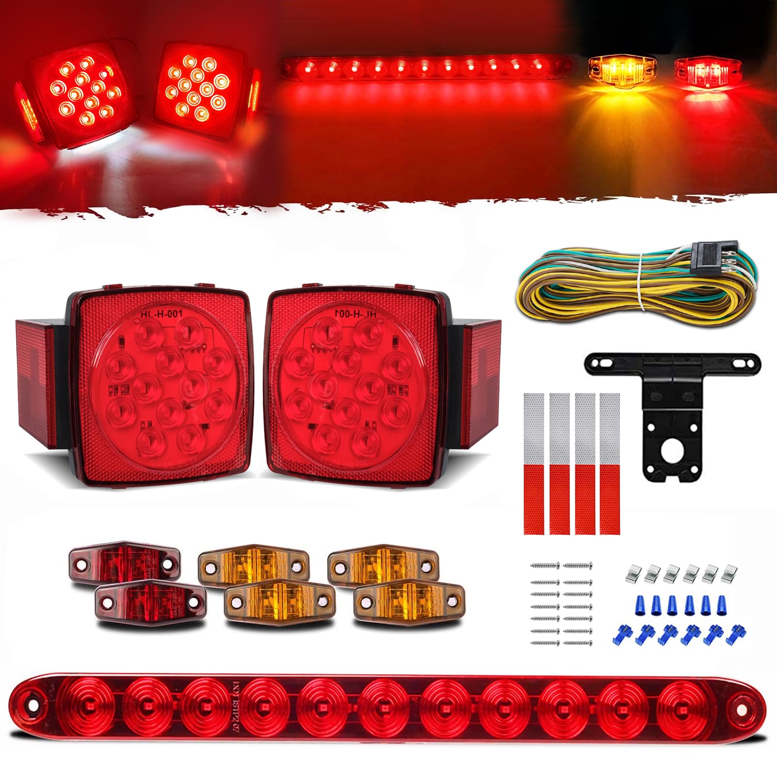 Gonice Complete Led Trailer Light Kit, Super Bright Submersible Boat Light Kit With Square Tail Lights, Marker Lights, Brake Lig