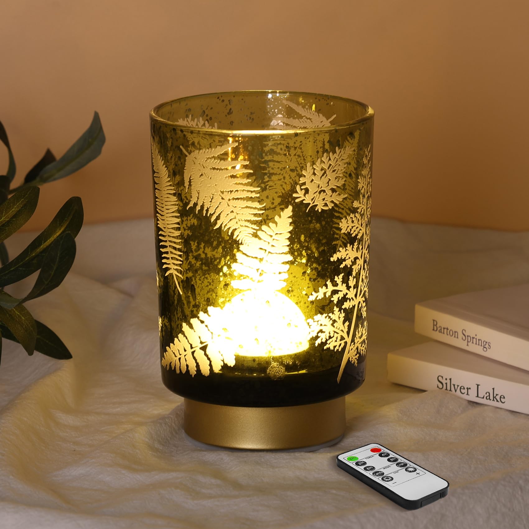 Eywamage Battery Operated Glass Table Lamp, Boho Green Ferns Leaves Mood Light with Remote, Cordless Bedside Accent Lamp Room De
