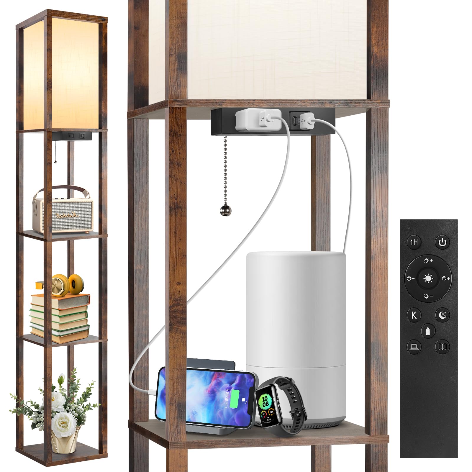 OUTON Floor Lamp with Shelves, Dimmable, Remote, USB & Type C Ports, Power Outlet, Vintage Color