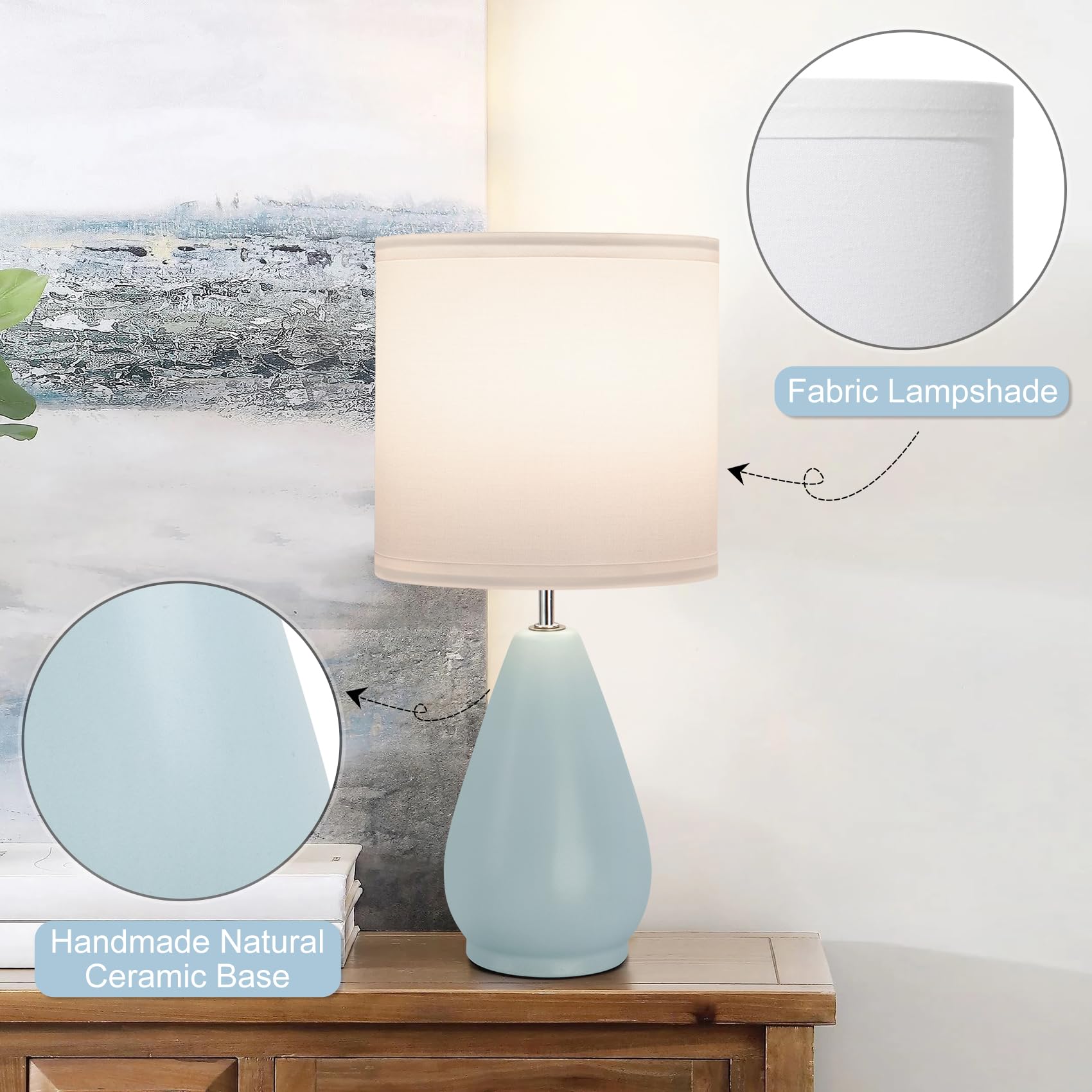 Yacoto Ceramic Table Lamps Set Of 2, Small Blue Bedside Lamps For Bedroom Modern Nightstand With 3 Color Temperatures For Living