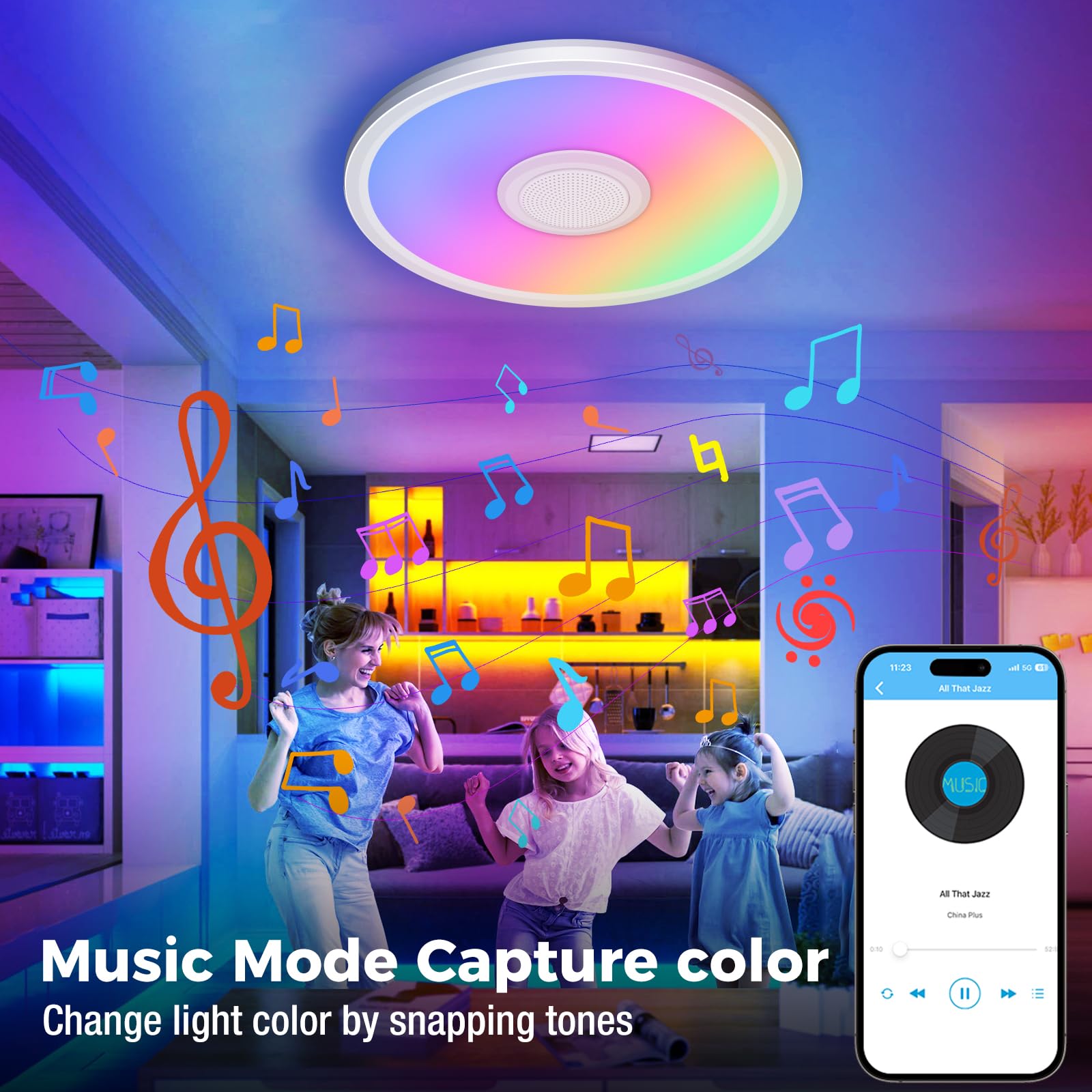 Zemty Rgb Ceiling Light With Bluetooth Speaker, 24W 12Inch Smart Music Light 3000K-6500K Dimmable With App And Remote Control, C
