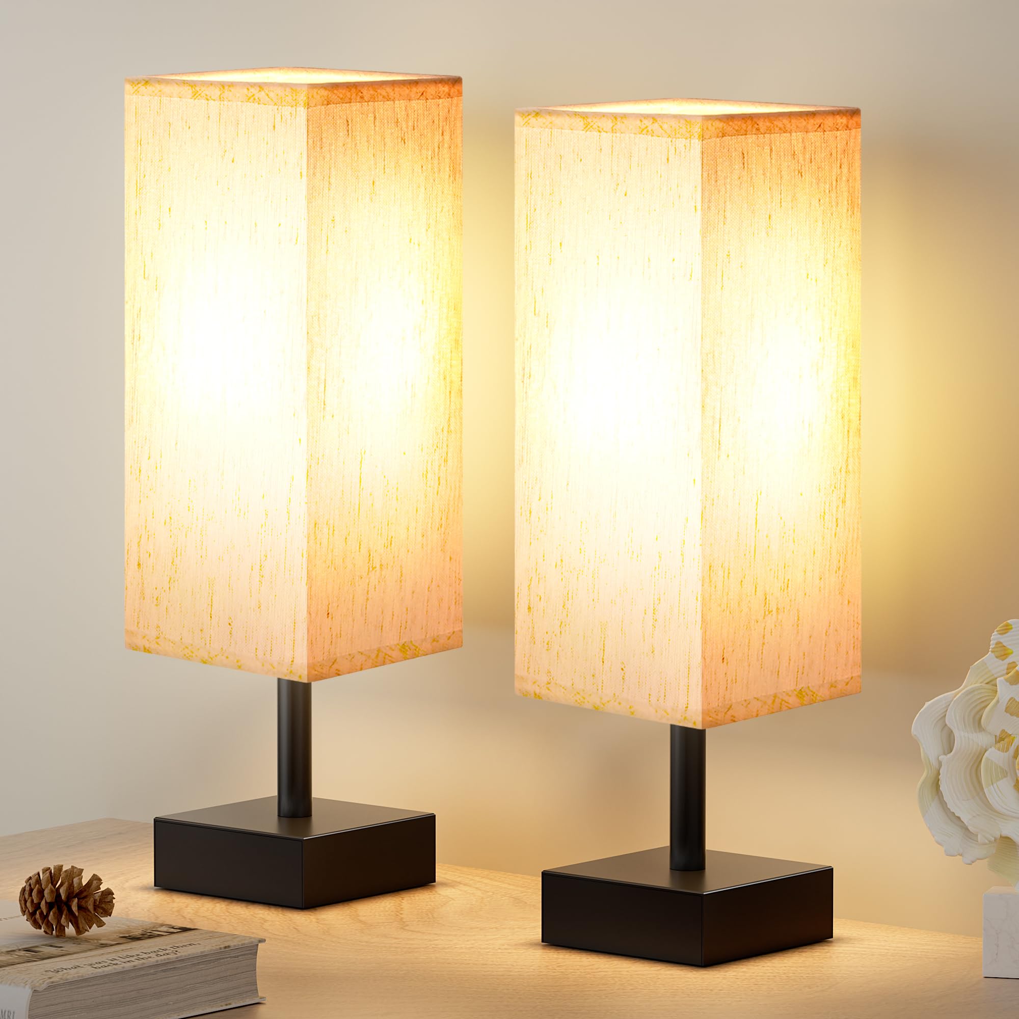 aooshine Beige Bedroom Table Lamp Set of 2 - Minimalist Nightstand Lamps, 13.2in, Cream & Black, Model 6-15-10, Plastic
