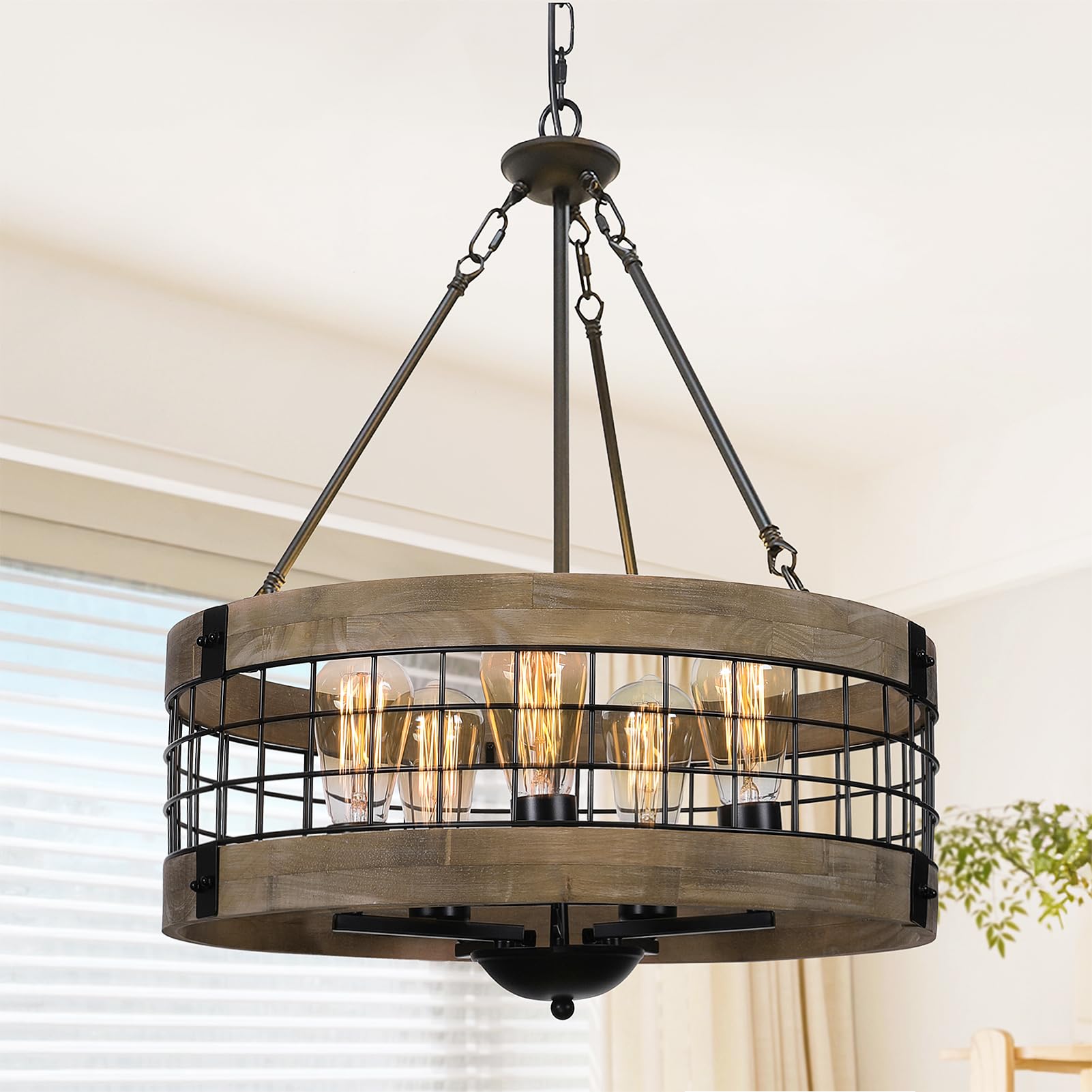 LamQee 19 Inch Farmhouse Dining Room Light Fixture, 5 Lights Modern Farmhouse Chandelier with Wood and Black Metal Shade, Rustic