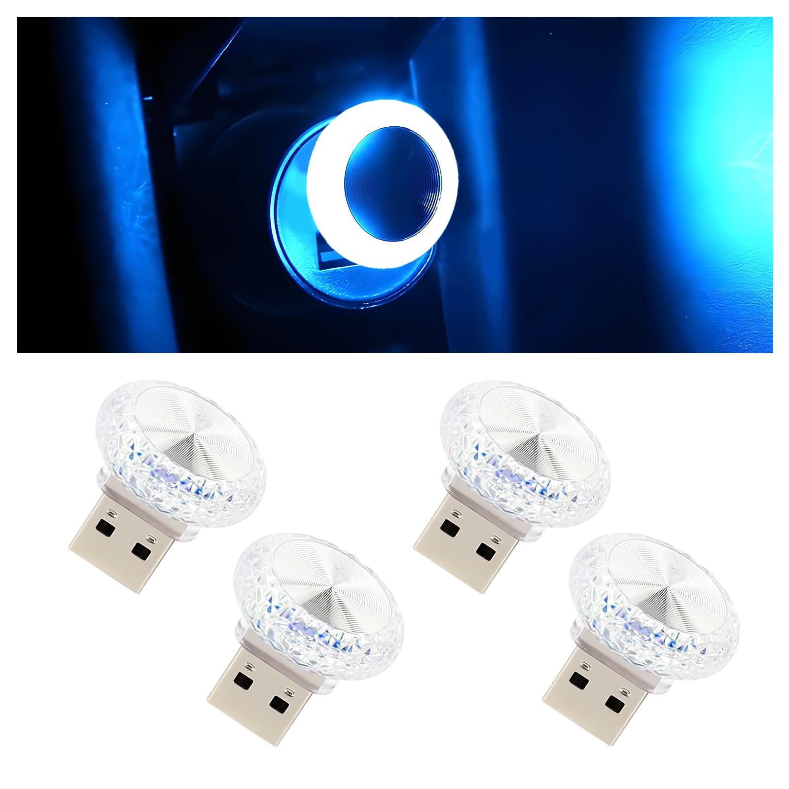 Hovom 4Pcs Usb Led Car Interior Atmosphere Lamp  Portable Mini Car Led Night Light Decoration  Plug-In Usb Automotive Ambient Lighting Kit  Universal For Cars Suvs Trucks Rvs (Ice Blue)