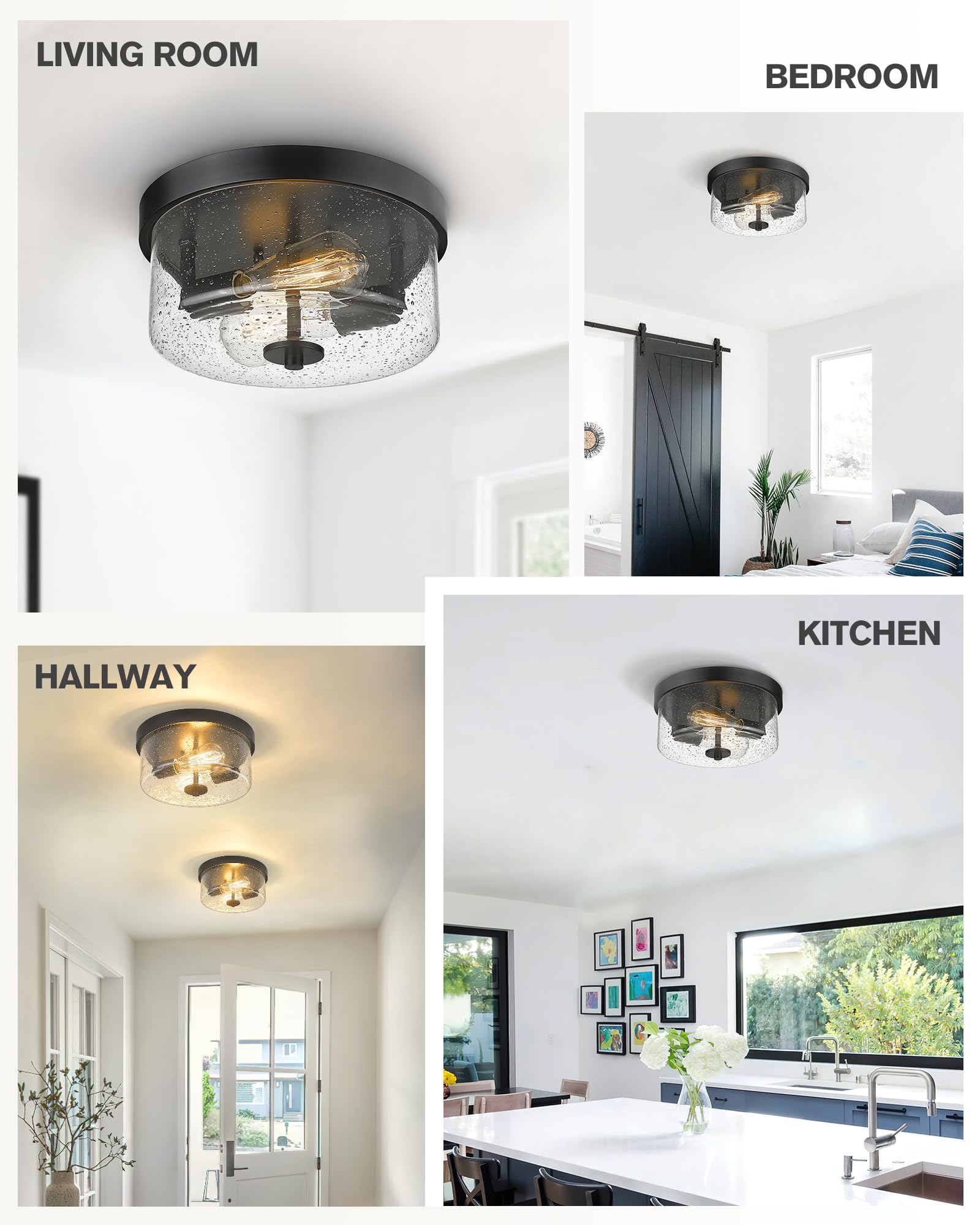 Emak Matte Black 2-Light Flush Mount Ceiling Light With Seeded Glass Shades, 11 Inch