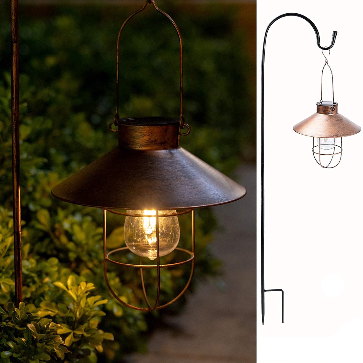 HUYIENO Solar Metal Hanging Lanterns 2-Pack with Shepherd Hook, Brushed Copper, Model HY1203