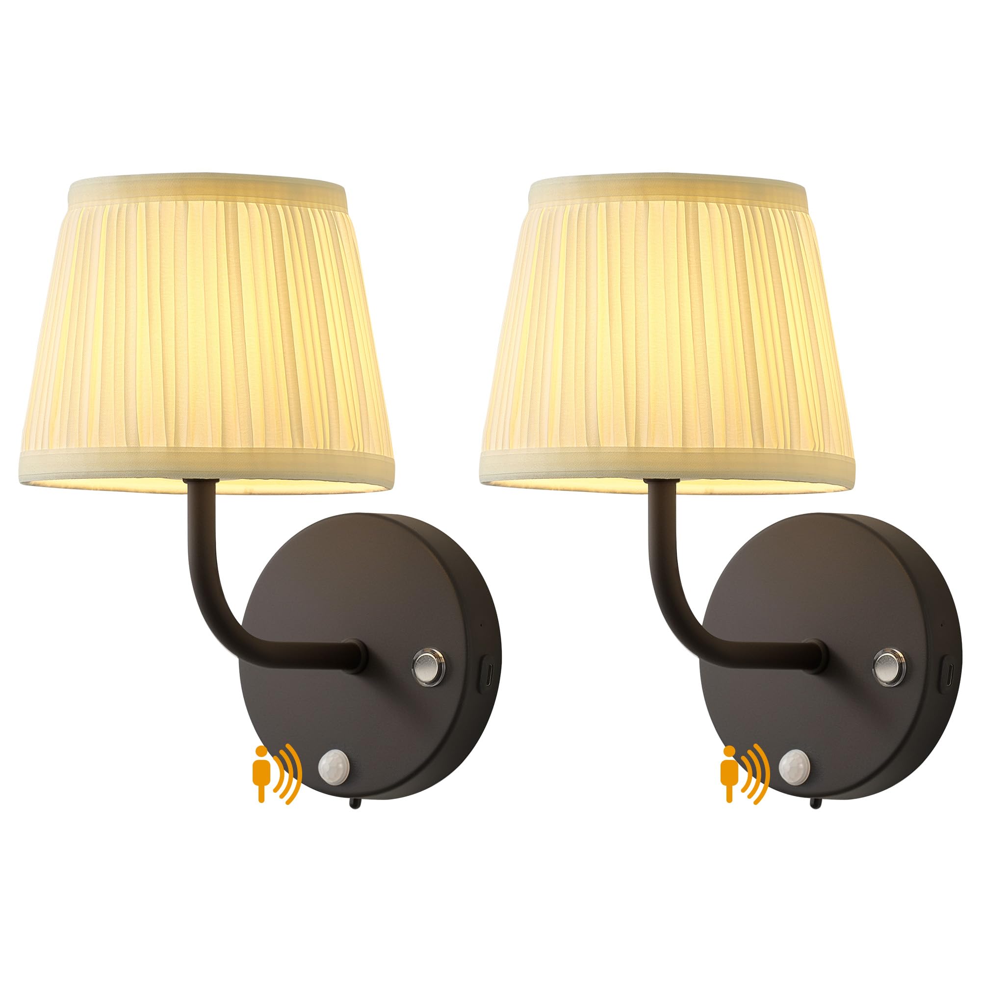 PUSU Motion Sensor Black H9.6 inch Small Wall Sconces Set of 2, LED Cordless Rechargeable 5200mAh Battery Operated Fabric Wall L