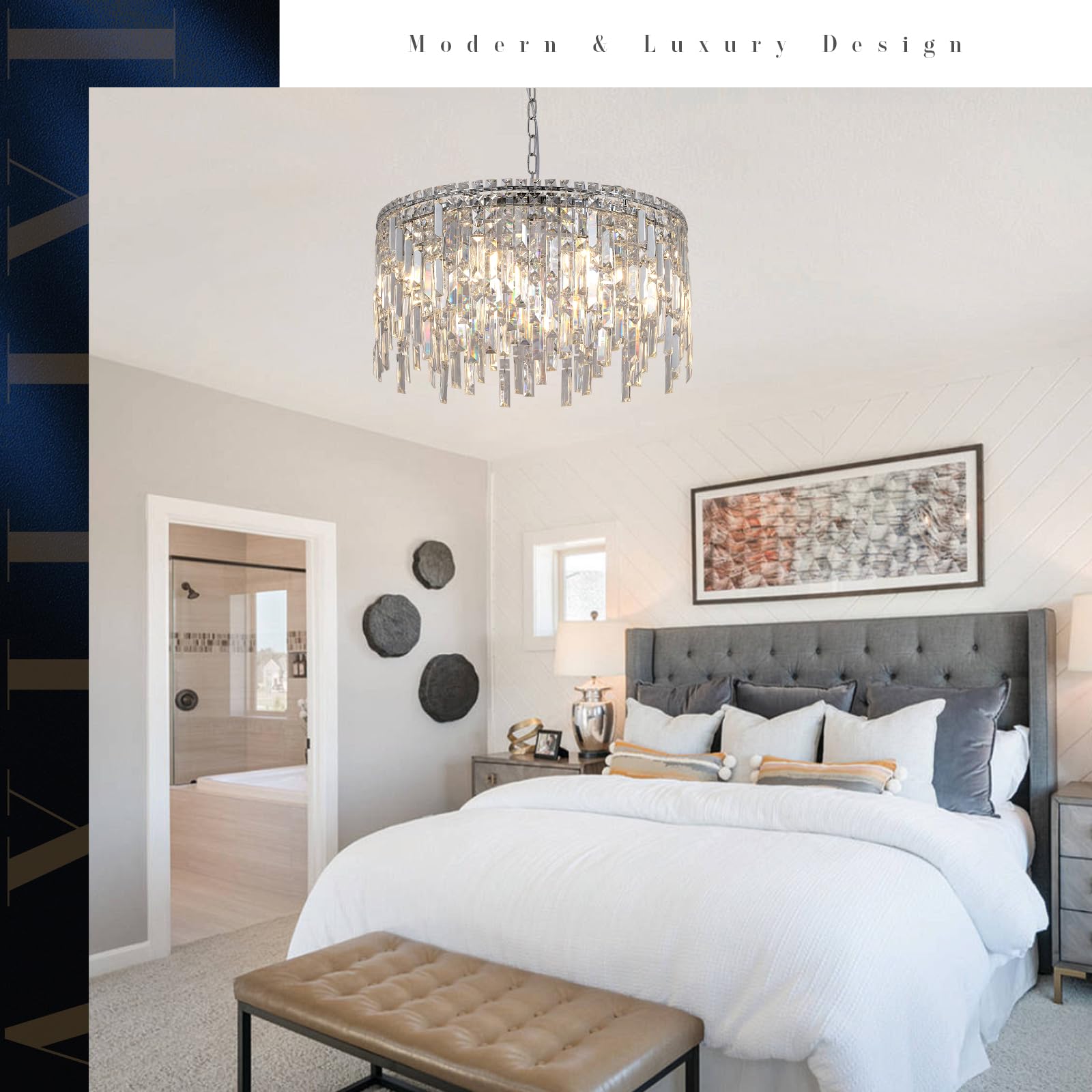 A AXILIXI 24" Crystal Chandelier, 8-Light Modern Pendant Light for Dining Room, Chrome Finish, Model DH7806-600