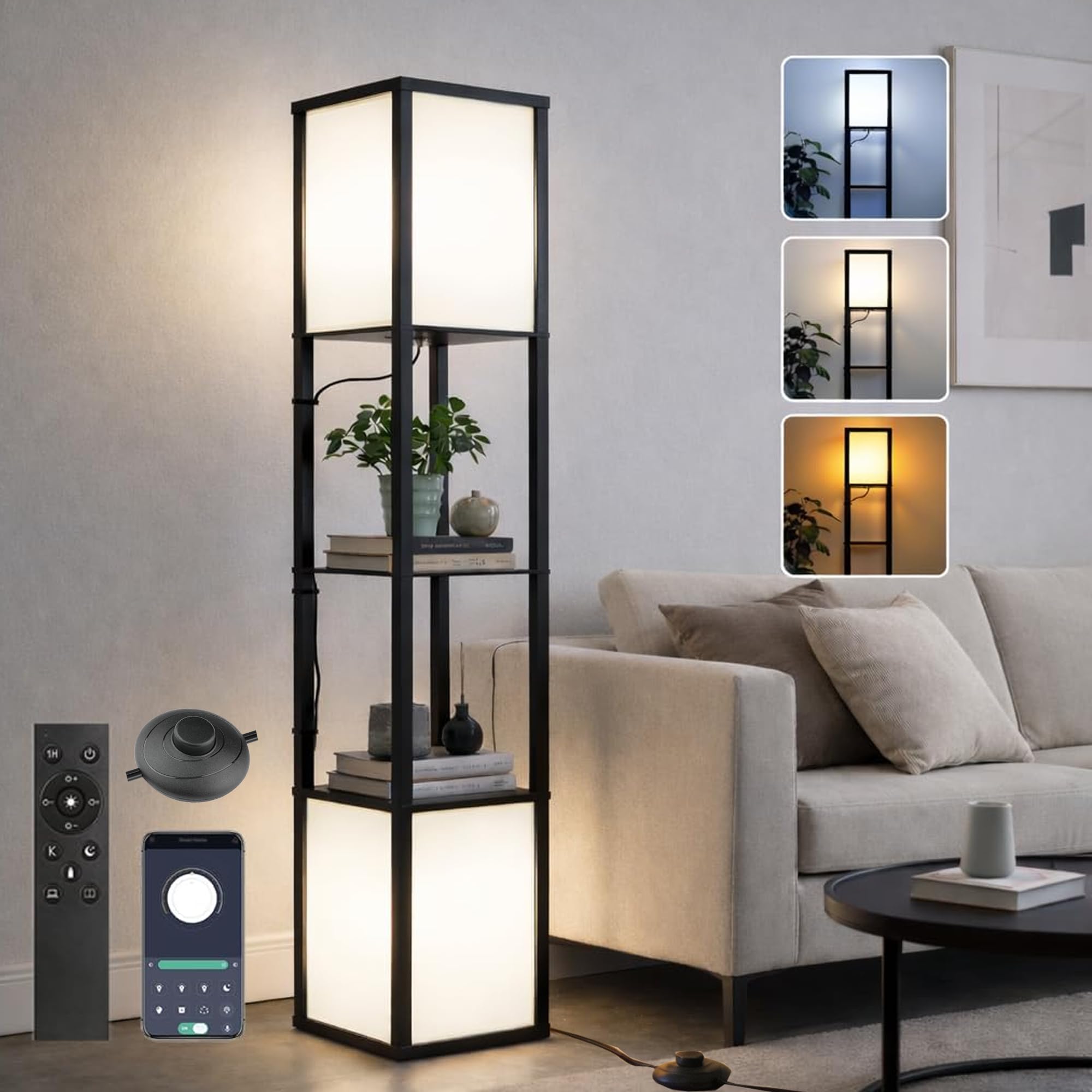 HOMECHOOSE Black Floor Lamp with Shelves/Remote/App Control, Dimmable Led Standing Corner Display Bookshelf Lamp,Color Changing 