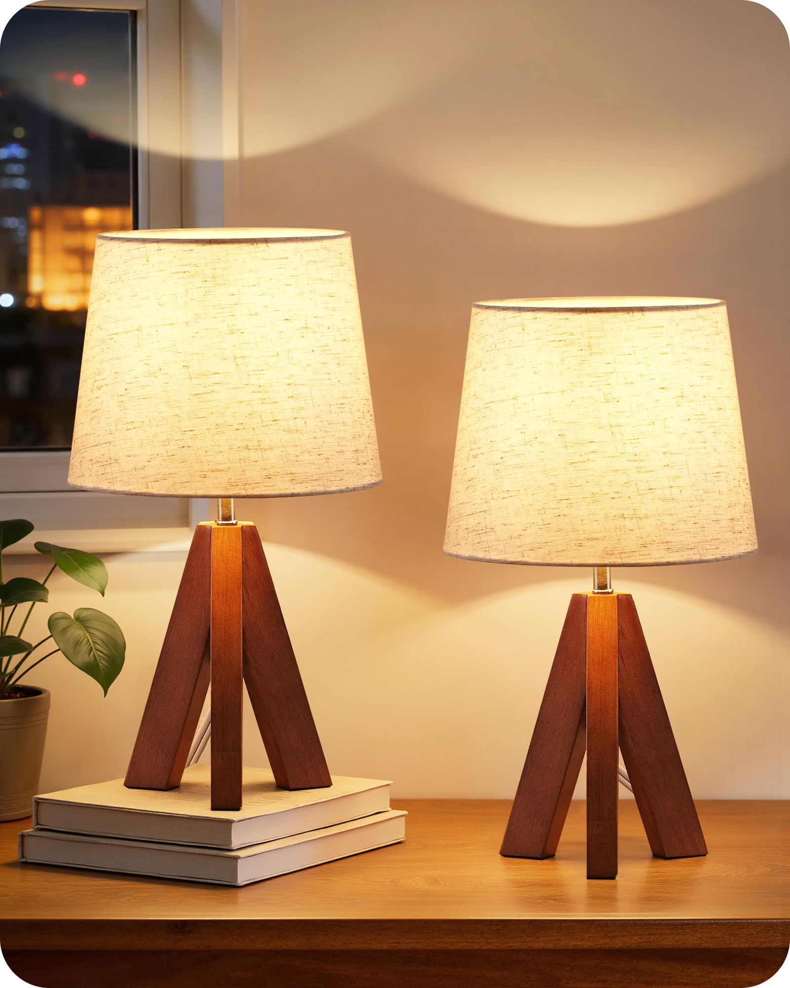 GOEBLESON Tripod Table Lamps Set of 2, Small Bedside Lamps, Modern Nightstand Lamp with Dark Pearwood Base & Beige Shade, Boho D