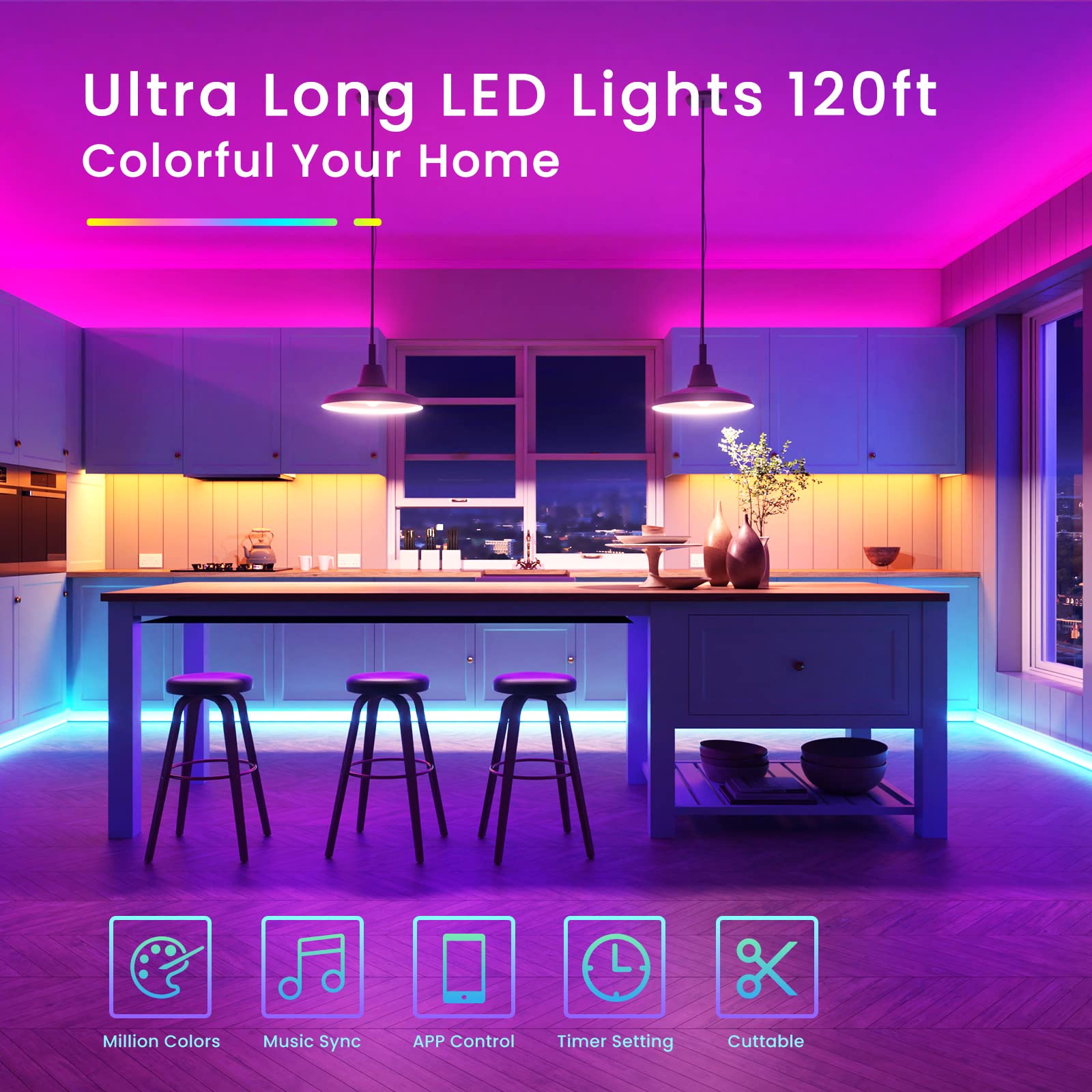 TJOY 120ft Bluetooth LED Strip Lights, RGB Color Changing, Vinyl, Music Sync, APP & Remote Control