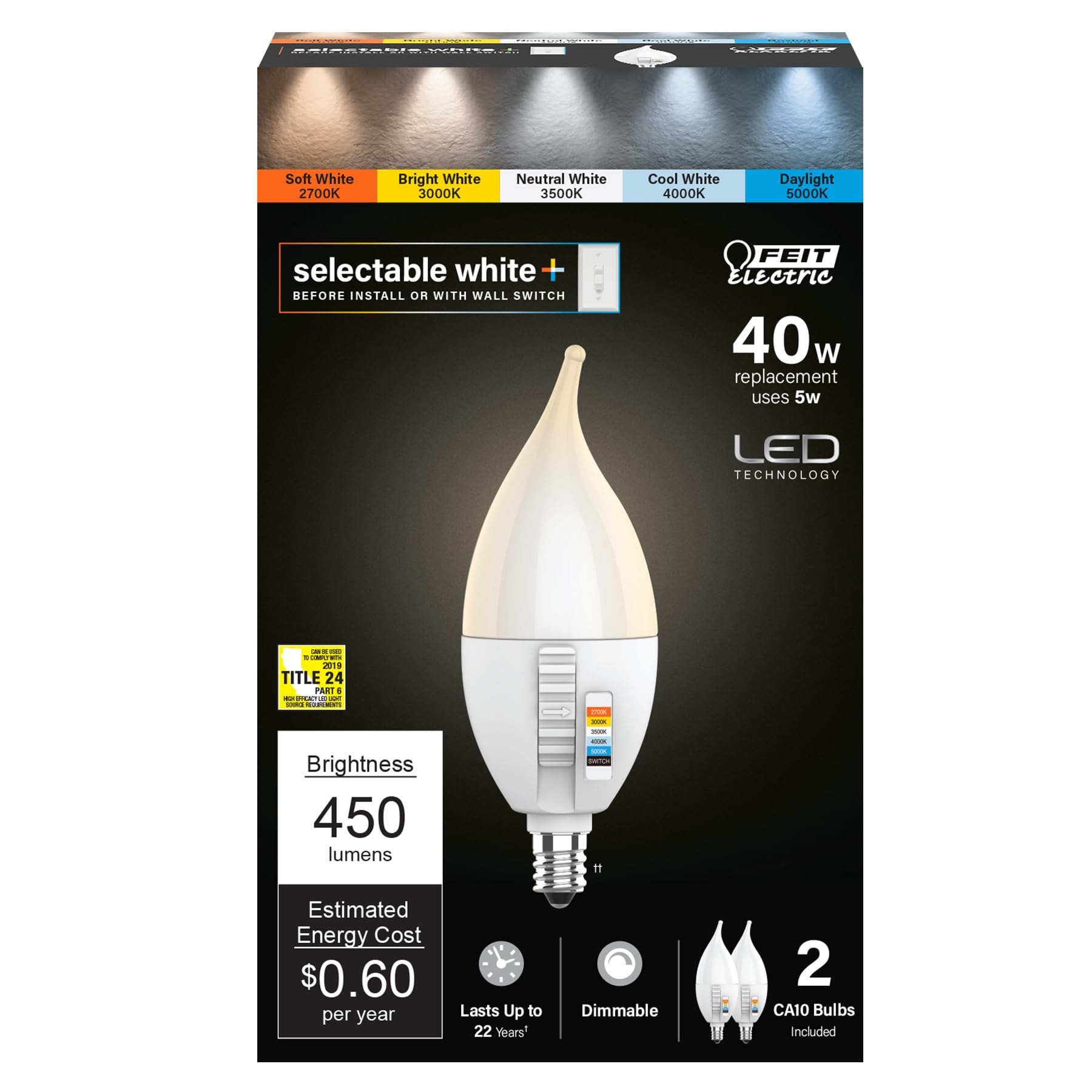 Feit Electric Ca10 Led Candle Bulb Flame Tip, 40W Equivalent, Dimmable, Color Selectable 6-Way, 5Cct, E12 Candelabra Base, 90 Cr