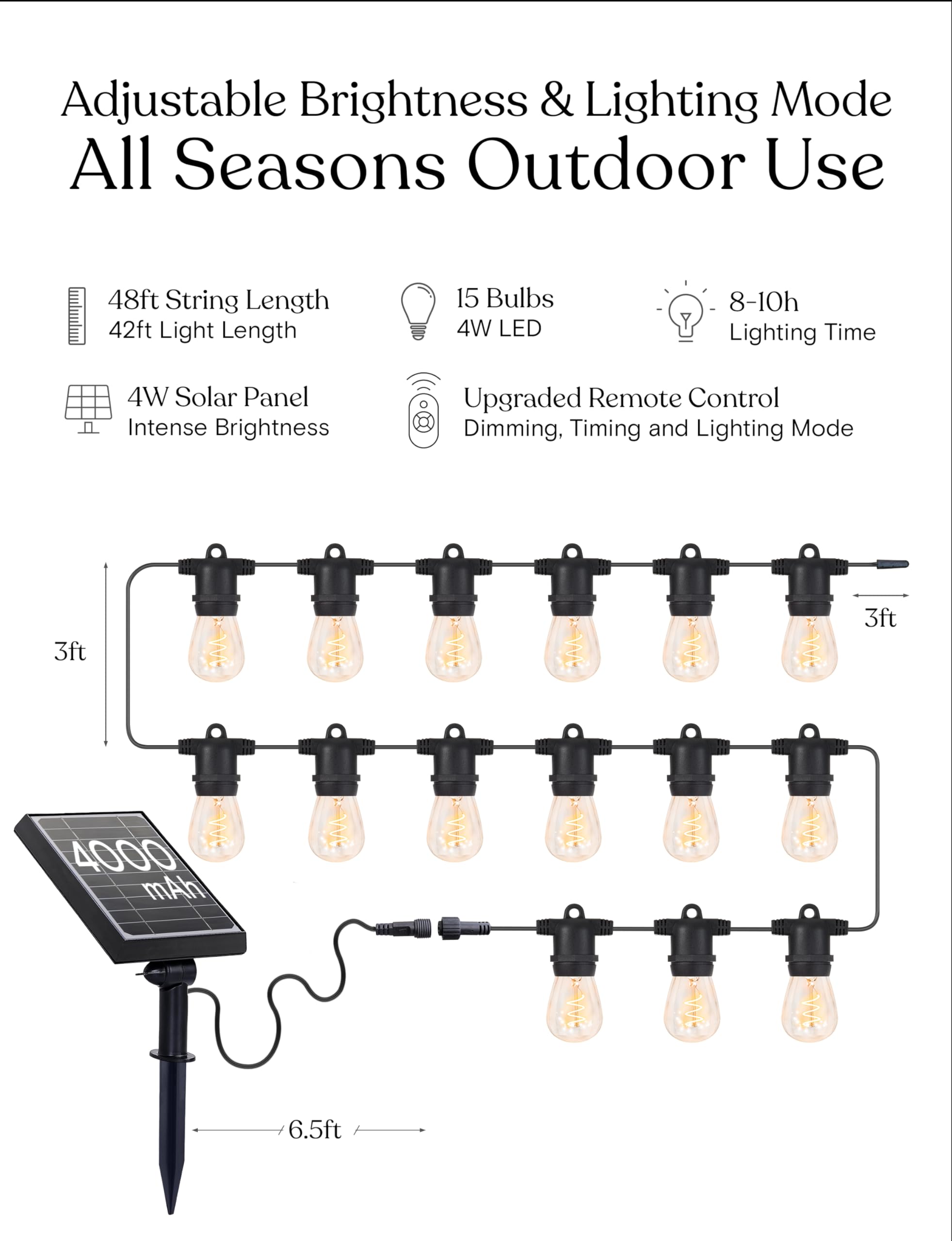 Brightech Ambience Pro Super Bright 48 Ft, 15 Bulbs Solar Power Remote Control Outdoor String Lights, Edison Spiral Shatterproof