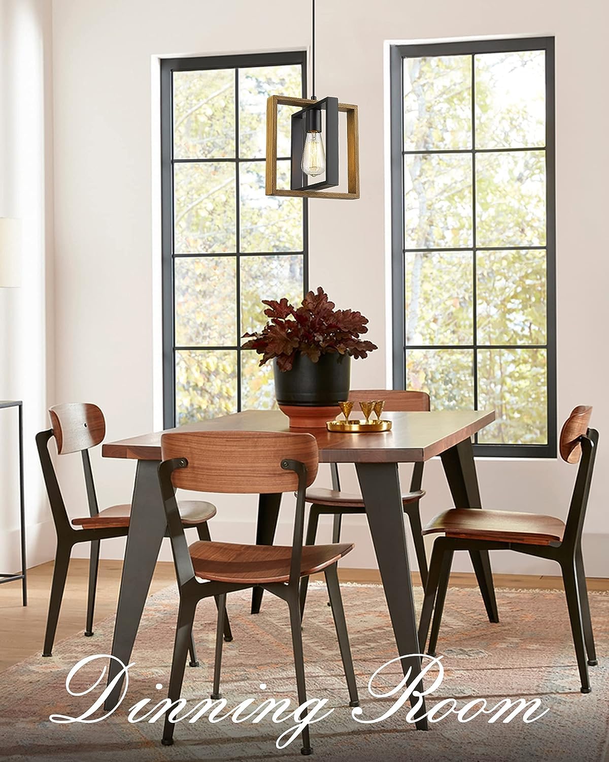 CAFULAM Modern Adjustable Black Pendant Lighting, 2 Pack Wood+Metal Fixture for Kitchen Island, Model PTC