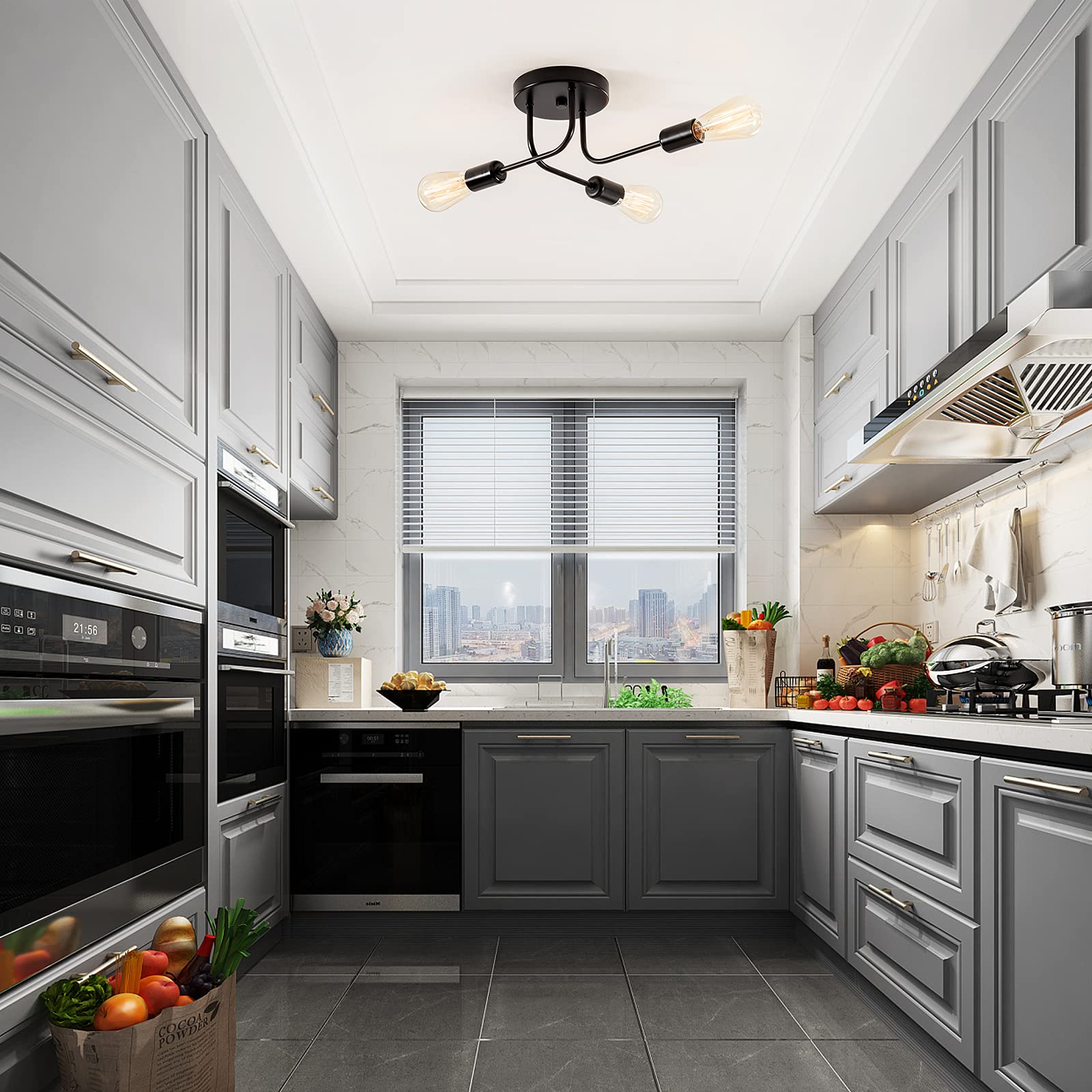 Plfann Industrial Semi Flush Mount Ceiling 3 Light With Adjustable Metal Branched Vintage Ceiling Light E26 Holder Black Painted