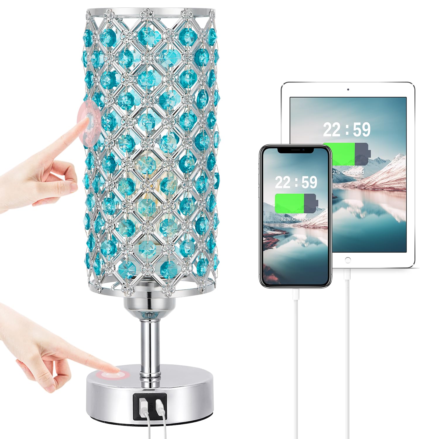 Hong-in Blue Crystal Table Lamp - 3-Way Dimmable Touch Control  Bedside Lamp with USB C and A Ports  Nightstand Light for Living Room  Bedroom  Home Office (Bulb Included)