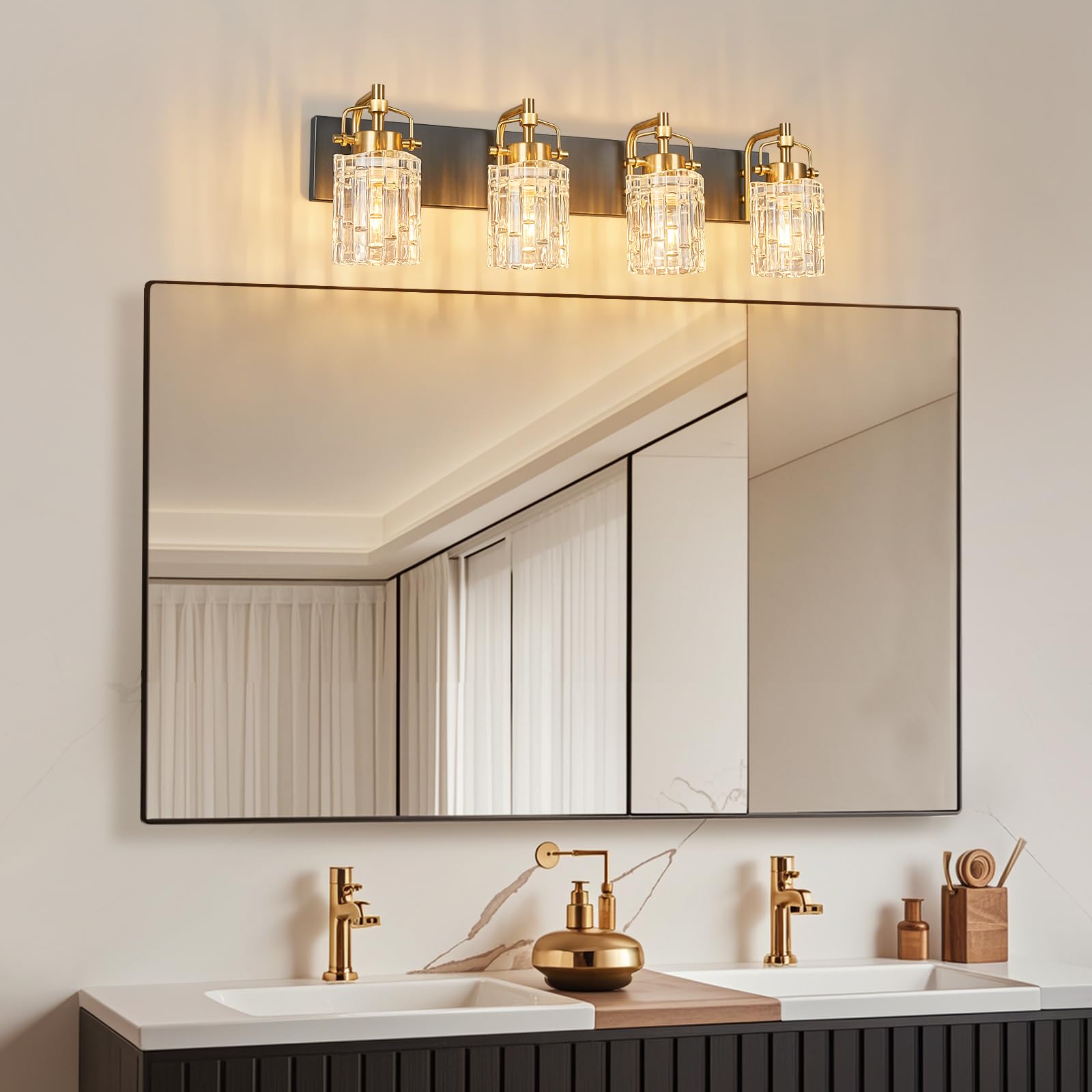 BNHHLZ Bathroom Vanity Light 4-Light Modern Black Gold Metal Fixture with Crystal Glass Shade Model 4132