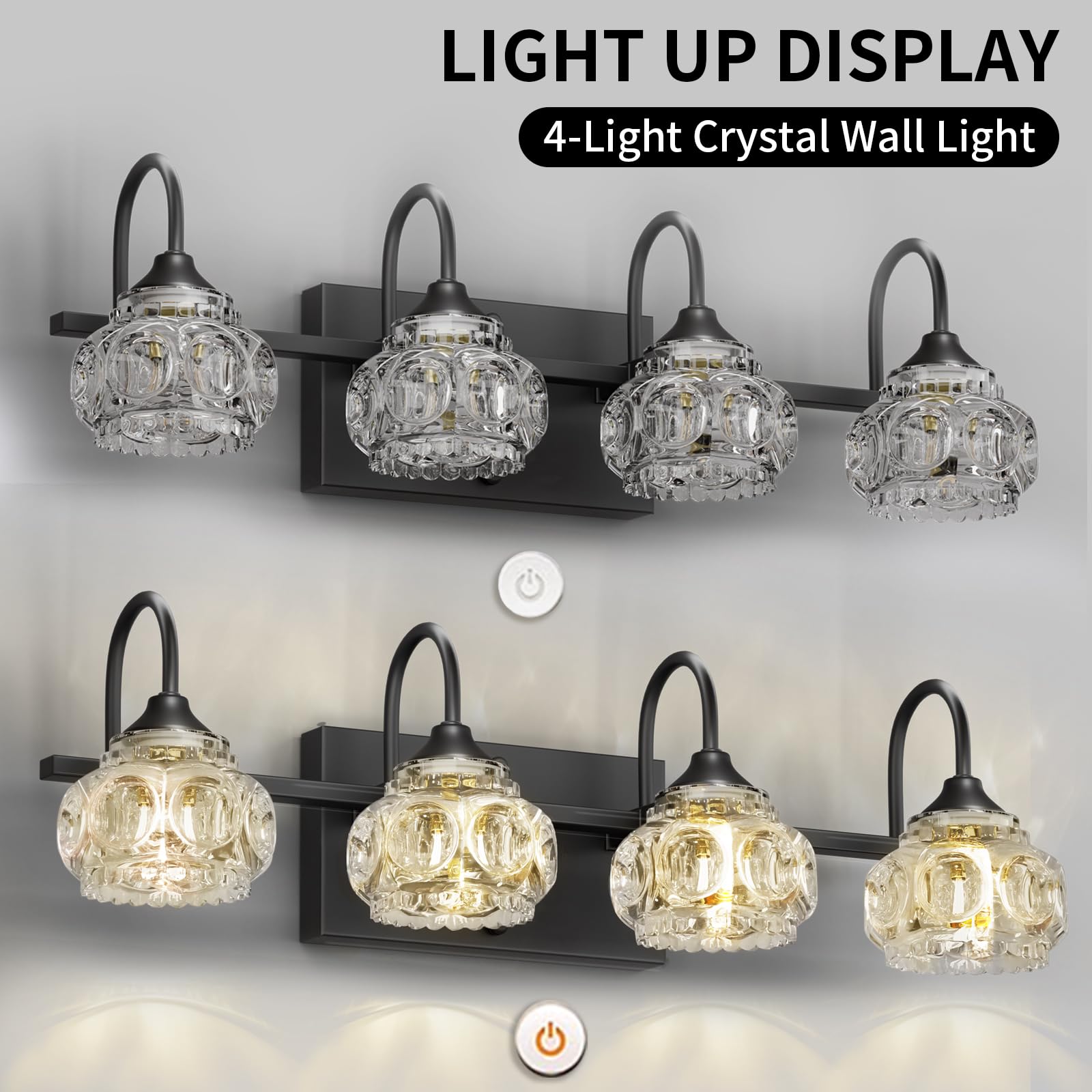 DIKAIDA 4-Light Bathroom Vanity Light, Matte Black Metal with Crystal Glass Shade, Modern Over Mirror Wall Lights