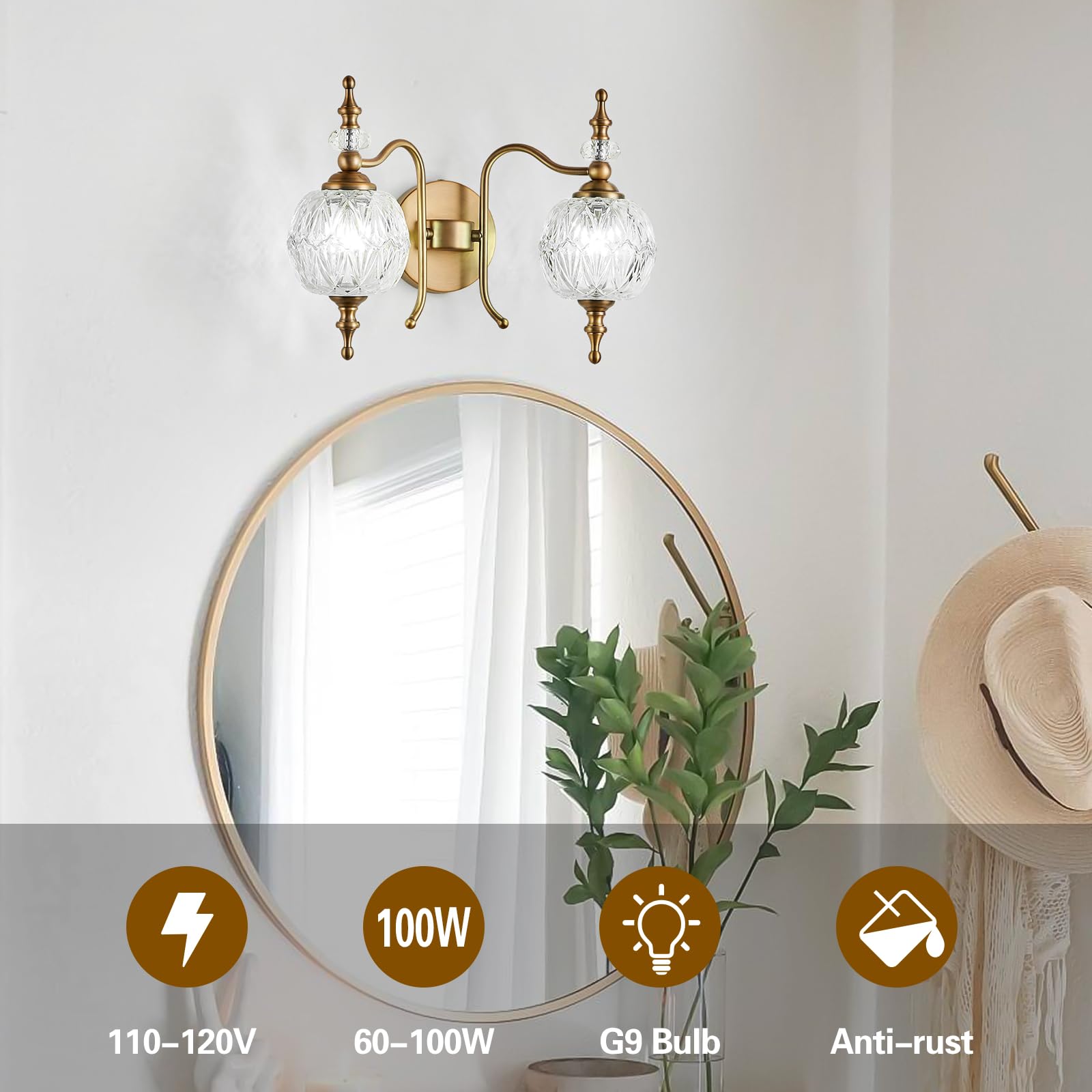 TLOLGT 2-Light Vintage Crystal Bathroom Wall Sconces, Matte Brushed Antique Brass Finish Retro Wall Sconce Light with Crystal Gl