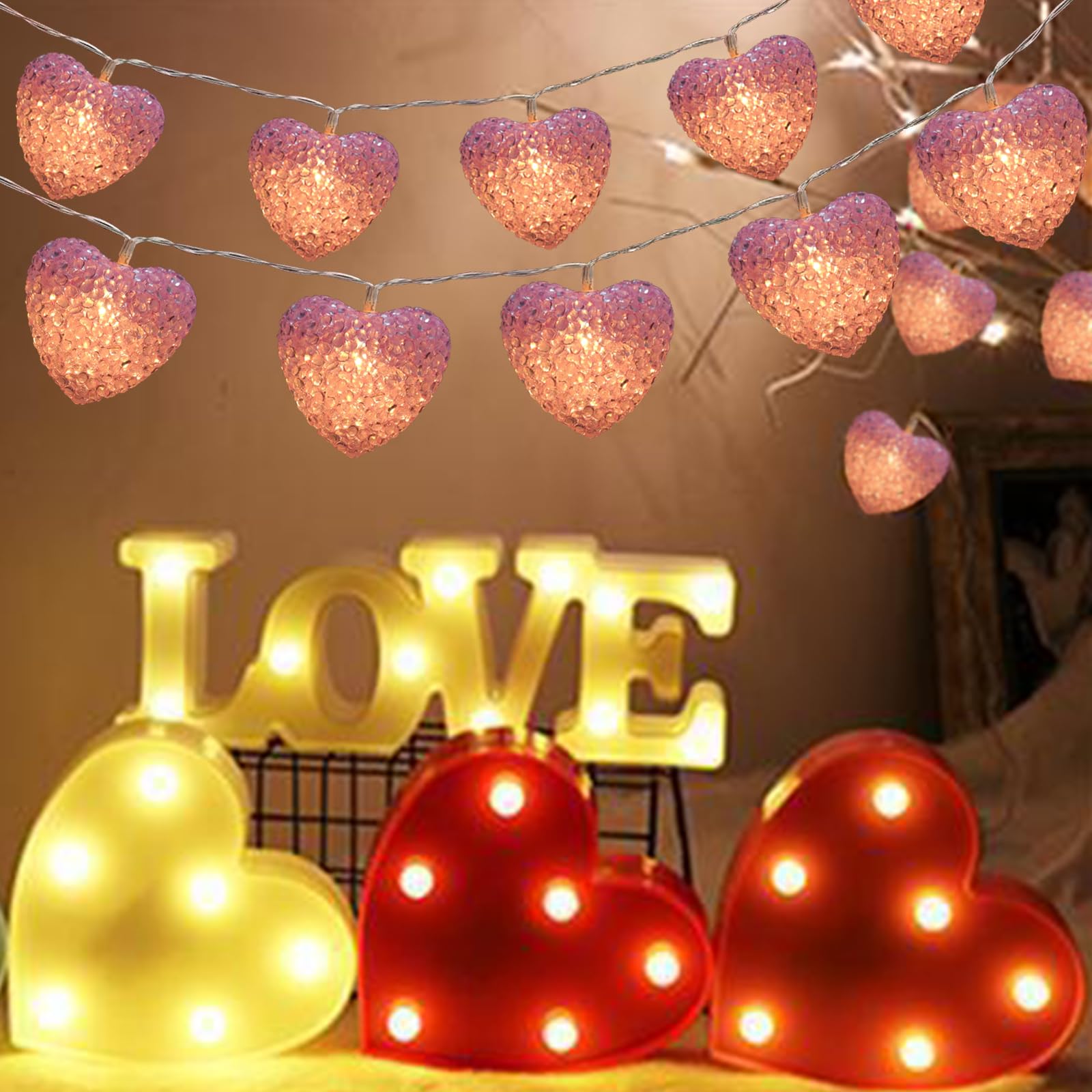 Valentines Heart String Lights Battery Operated 6.8Ft 10 LED Shatterproof Pink Heart Lights with Remote Timer, Indoor Outdoor He