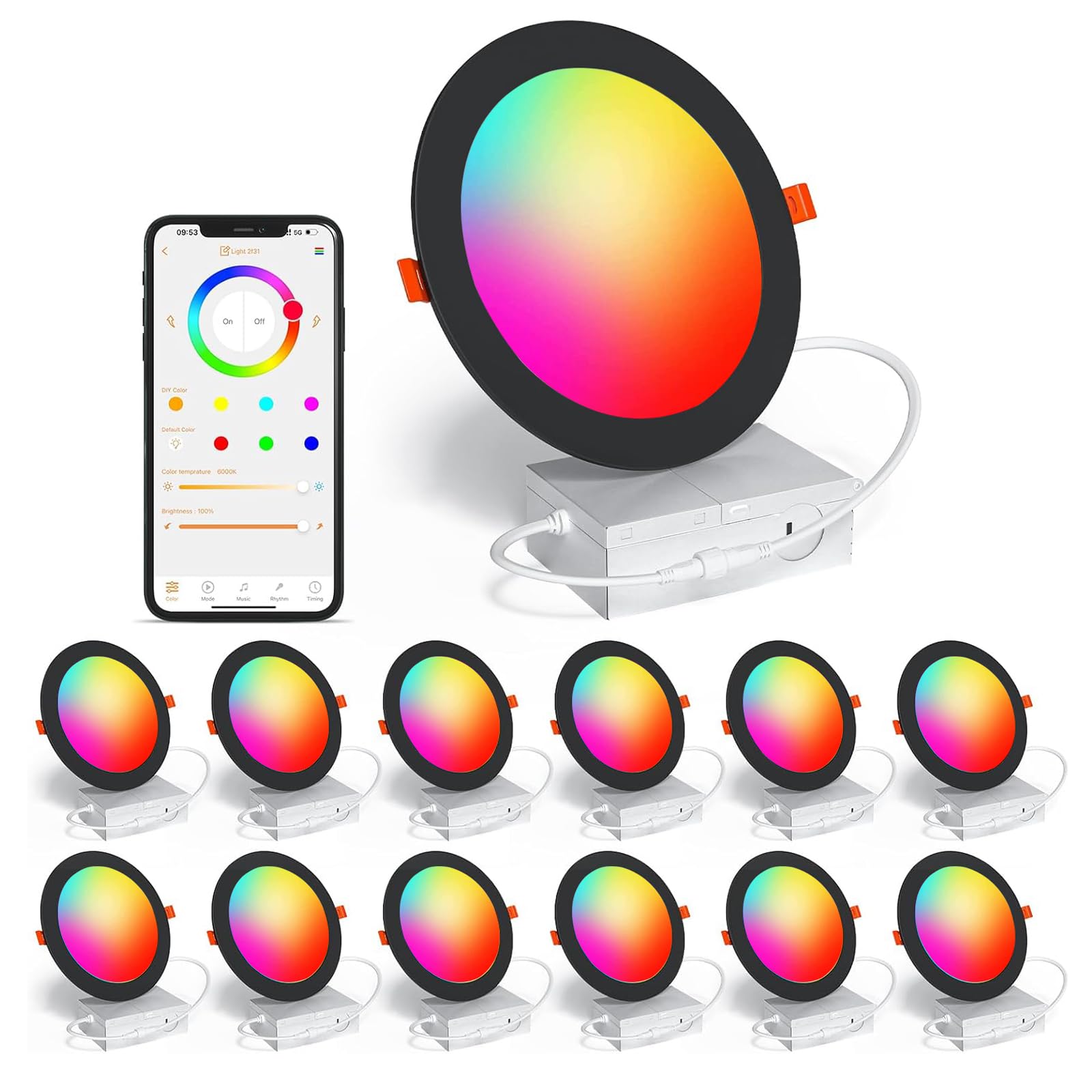 Black Smart Recessed Lighting 6 Inch RGBCW Color Changing 16W LED Downlight with Junction Box 1350 Lumen Recessed Ceiling Light Compatible with Alexa Dimmable by Bluetooth Control -12Pack