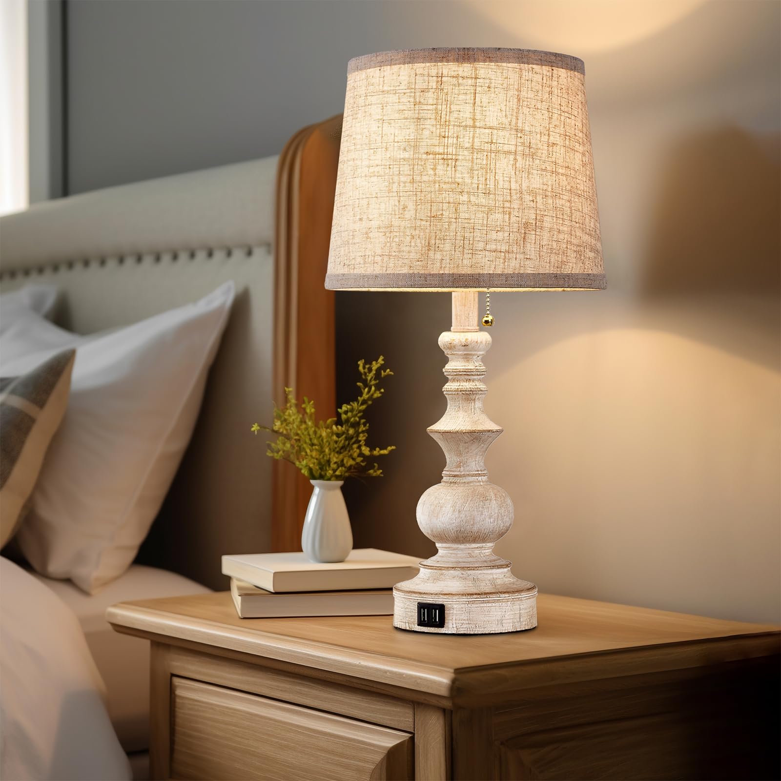 Drawealth Farmhouse Table Lamps Set of 2 with USB Ports, 22'' White, Wooden Finish, Model T0066B, Ideal for Bedrooms & Living Rooms