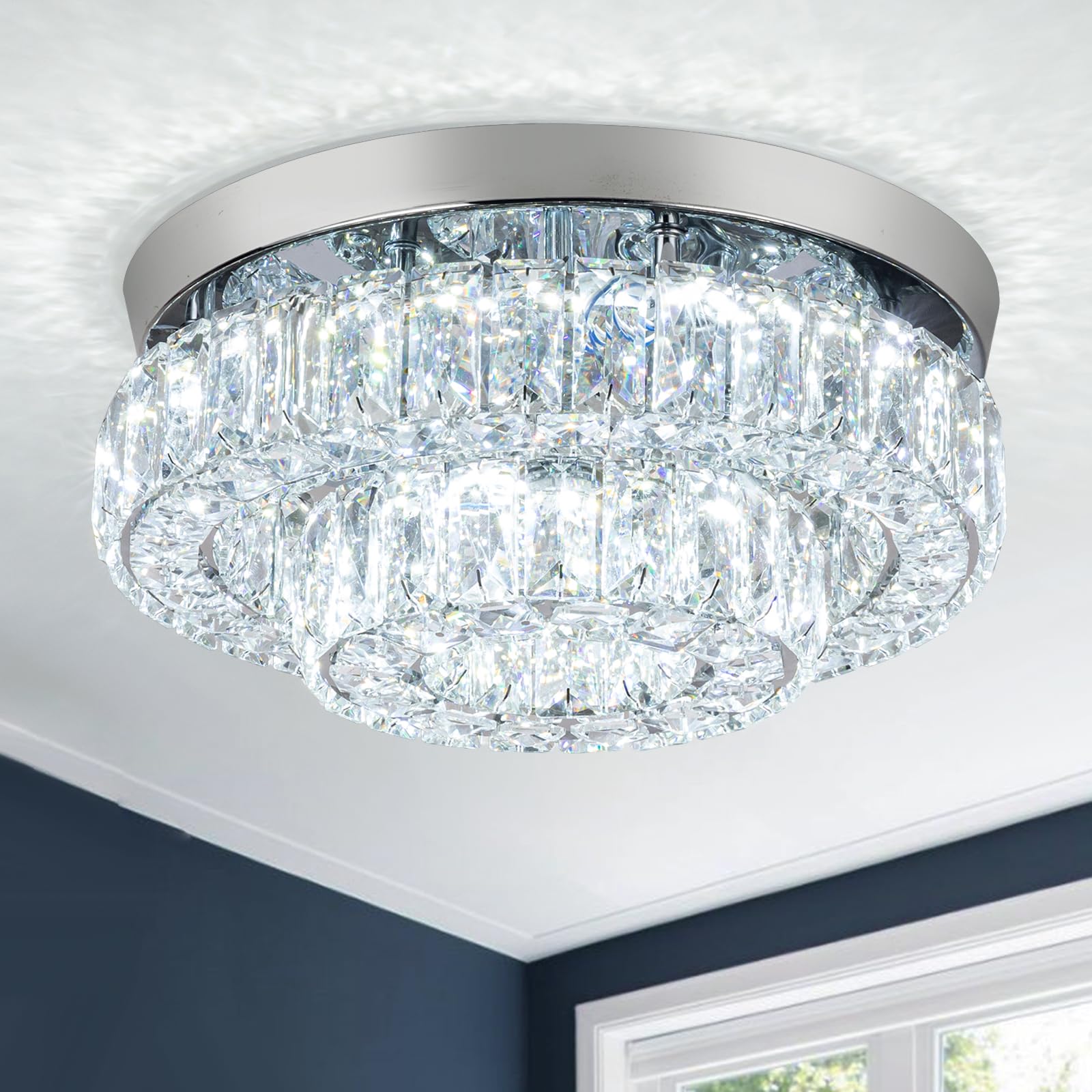 Hongnuofc 12&quot; Crystal Chandelier Led Ceiling Light, 2 Tier Flush Mount, Modern Design, Cool White