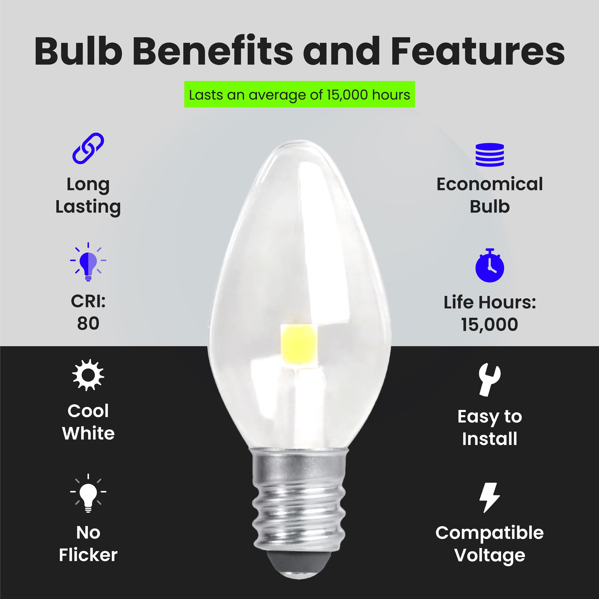 Feit Electric C7 LED Night Light Bulb, 0.6W, 4000K Cool White, Clear, 2 Count, Candelabra Base, Model BPC7/LED