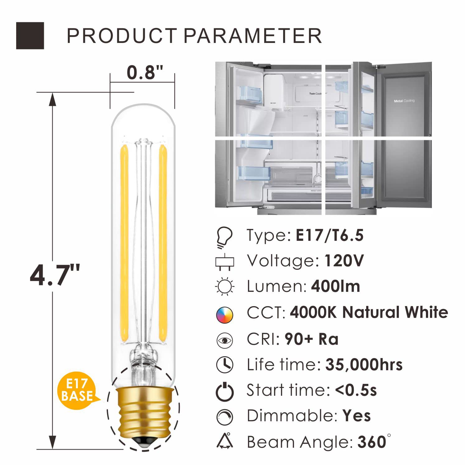Hizashi 4W LED T6.5 Tubular Filament Bulb E17 Intermediate Base Dimmable 4.7'' Length 40W Equivalent Light Bulb 4000K Cool White